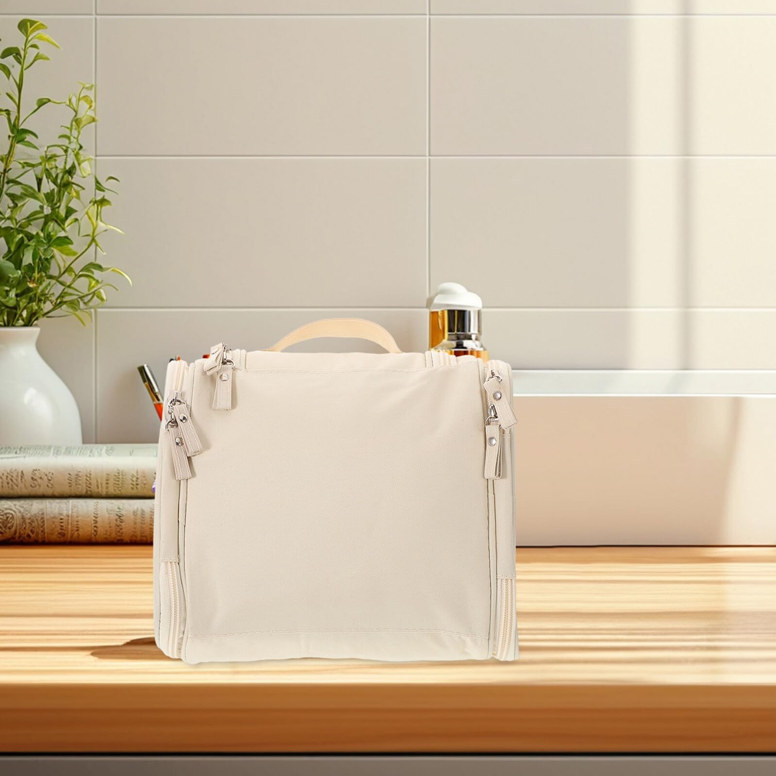 PartyKindom Large Capacity Waterproof Toiletry Cosmetics Travel Bag Portable Makeup Organizer with Handle Beige for Women Bathroom Storage and Skincare Accessories