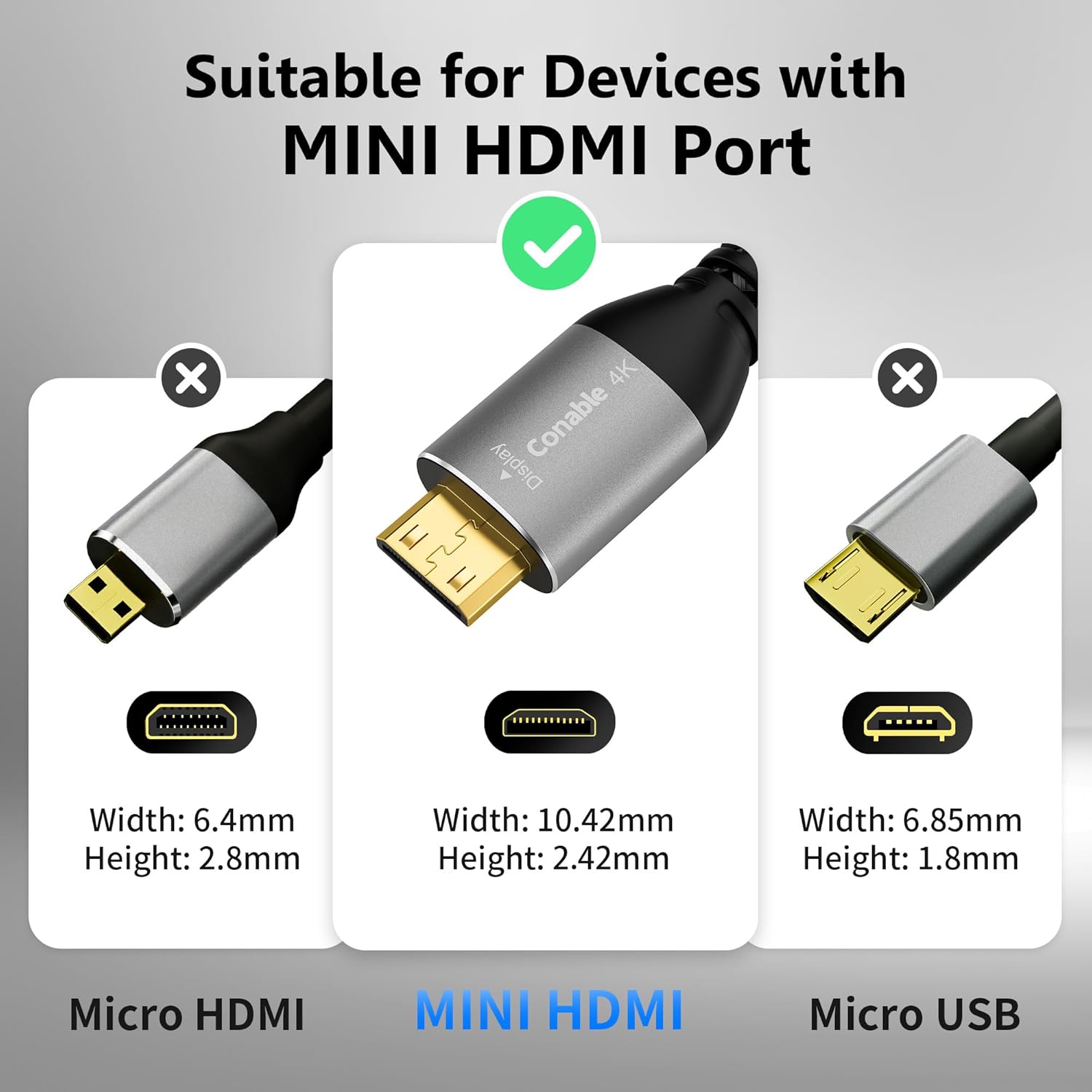 Conable 4K DisplayPort to Mini HDMI cable, 10ft uni-directional DP to Mini HDMI cable with connectors visible.
