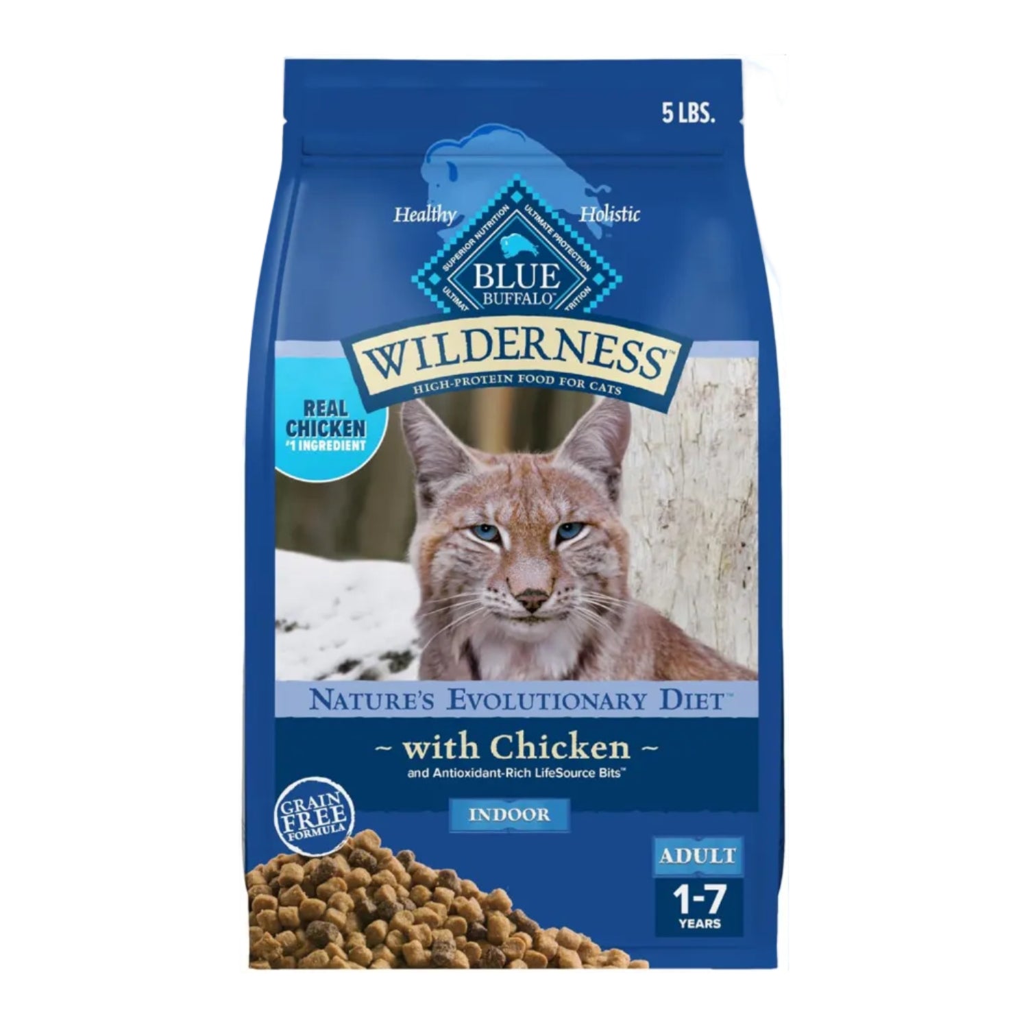 Blue Wilderness adult dry cat food bag featuring high-protein, grain-free chicken formula for indoor cats in a 5-lb. bag.