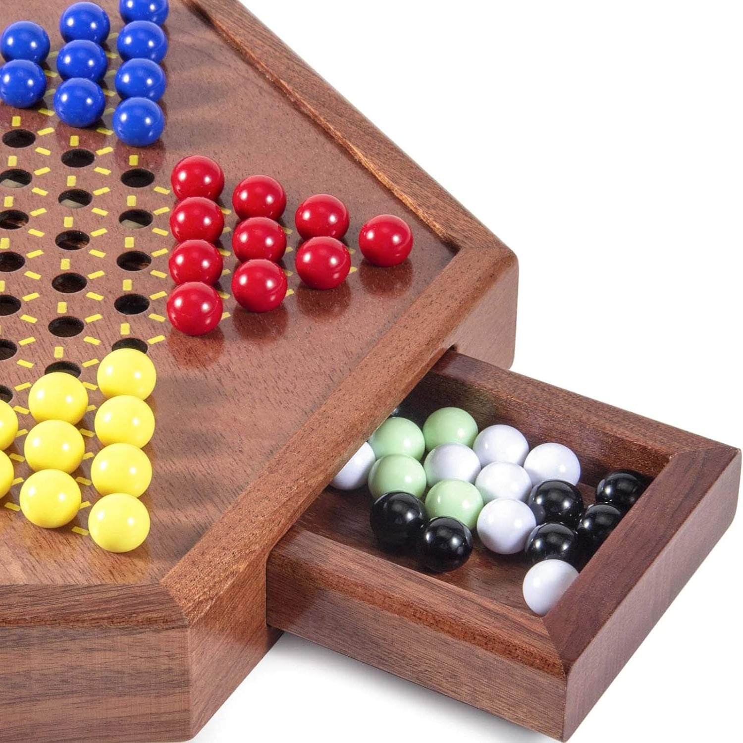 AMEROUS 12.5-inch wooden Chinese checkers set with storage drawer, featuring colorful marbles and a sturdy wooden game board.