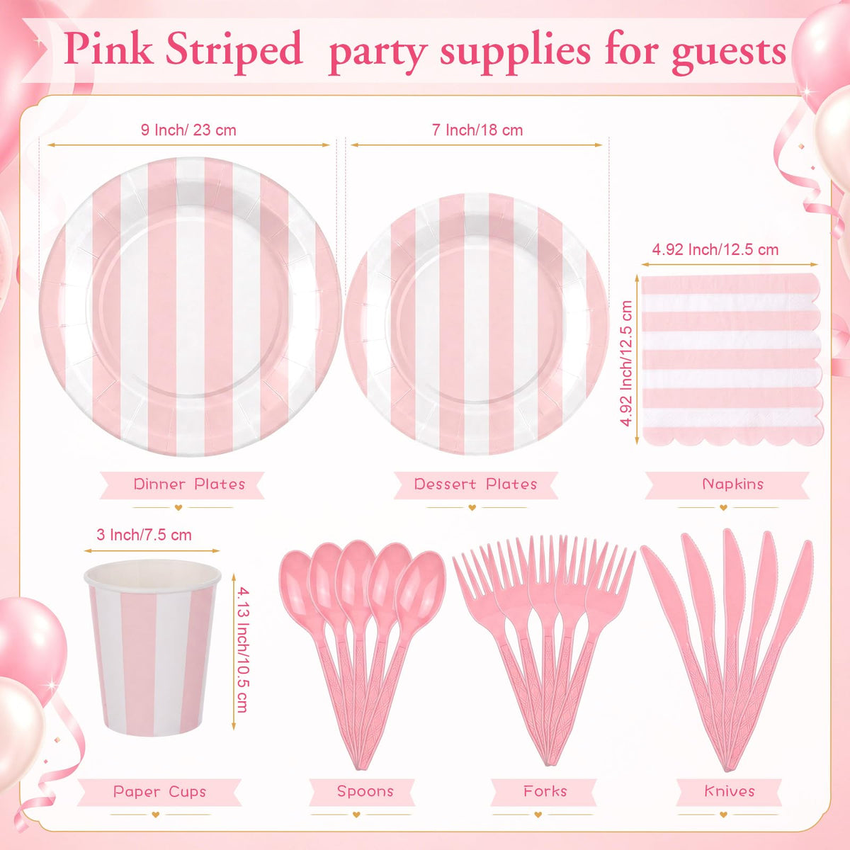 Mimorou 175 Pcs Pink White Striped Party Tableware for 25 - Mimorou Official Imagery - 4