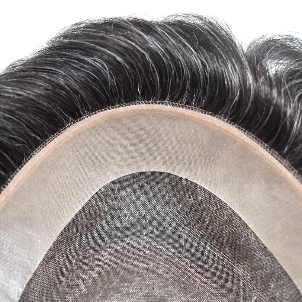 Curve Hair Mens Toupee Human Hair Piece Replacement System Monofilament Wig Hair Unit for Men Durable Poly Coated Mens Hairpiece (#1B20 Off Black+20% Gray, 6"X9")