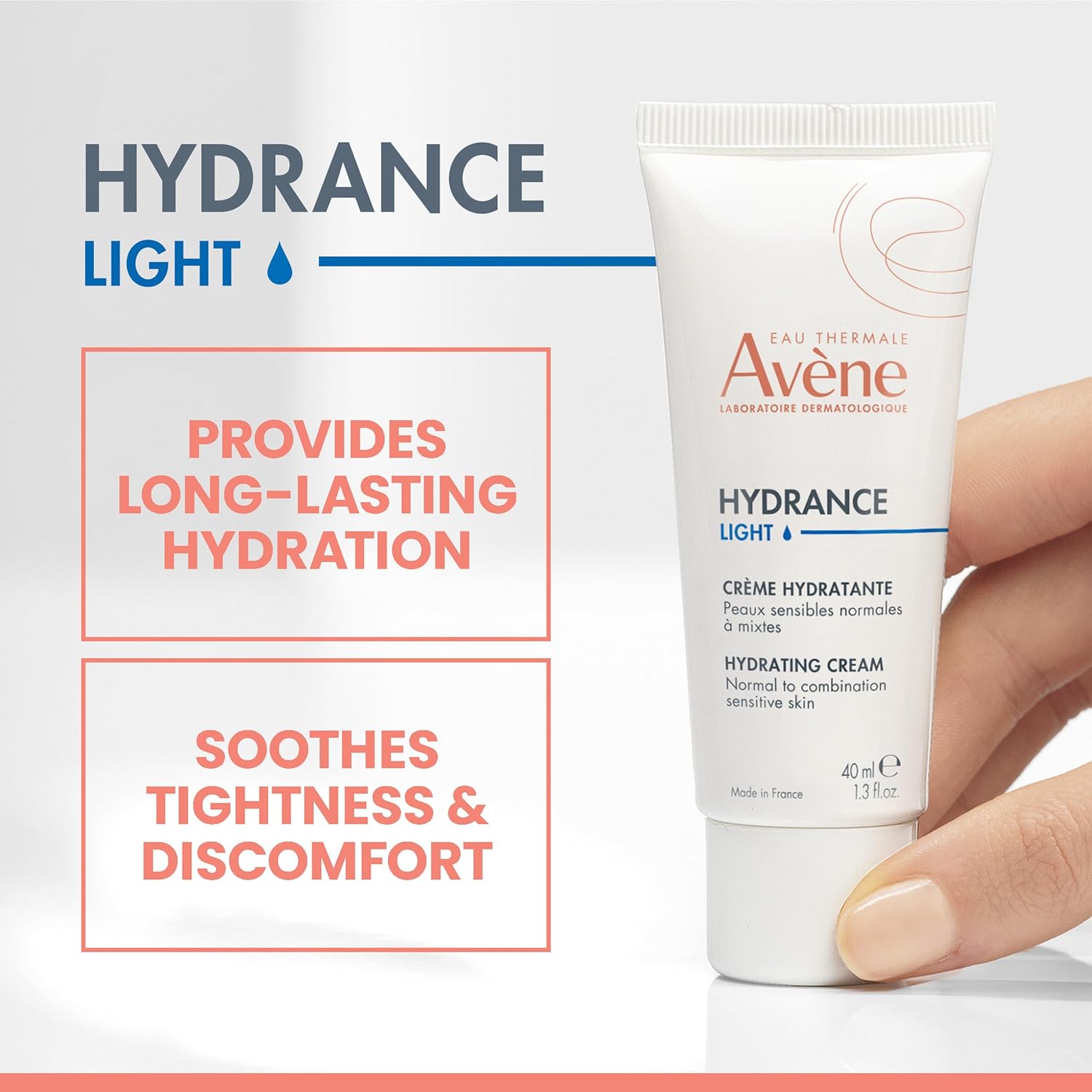 Avène Hydrance LIGHT hydrating emulsion moisturizer cream in a 1.3 oz jar, non-comedogenic daily face moisturizer for sensitive skin.