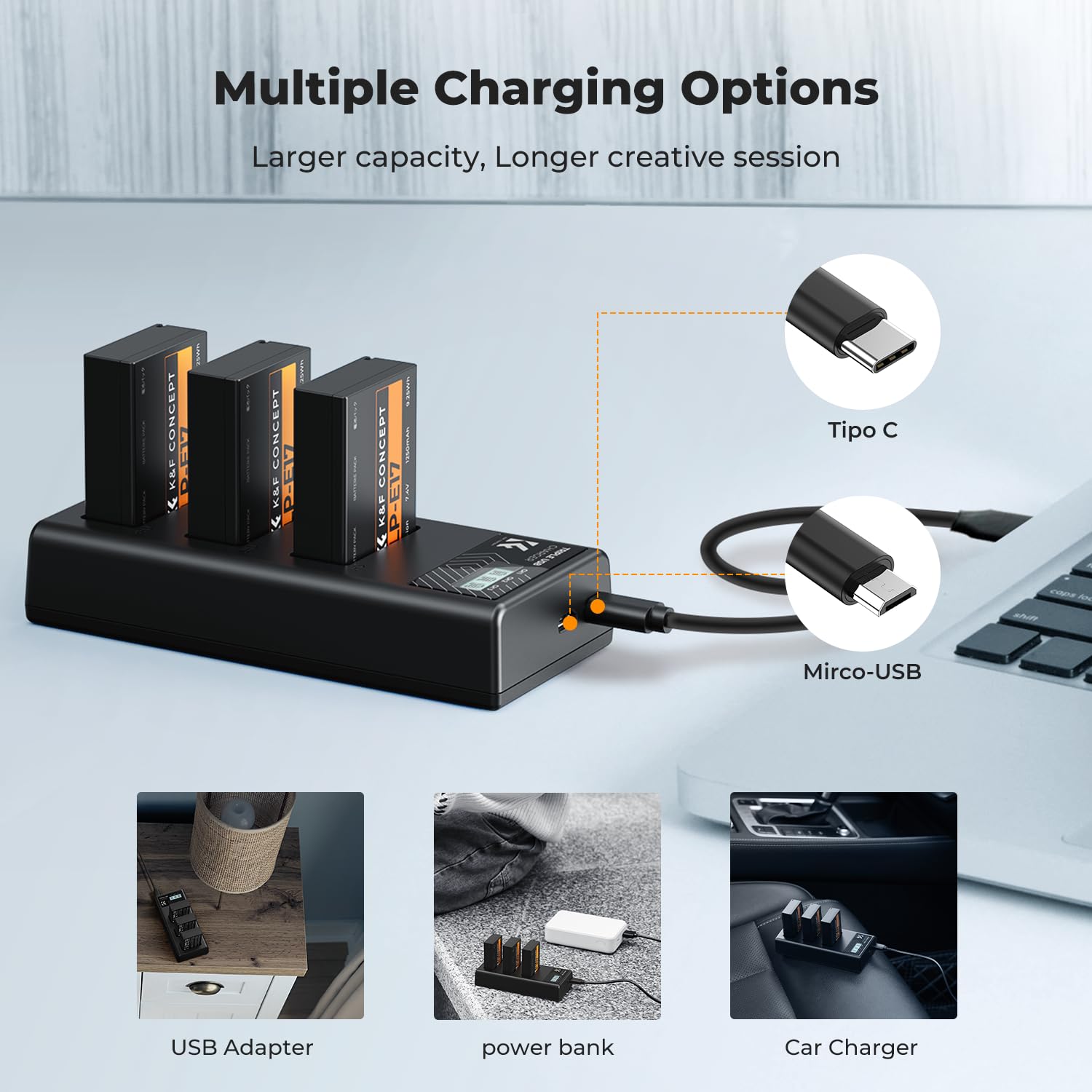 K&F CONCEPT LP-E17 camera battery 3-pack with 3-slot LCD charger for compatible Canon cameras.