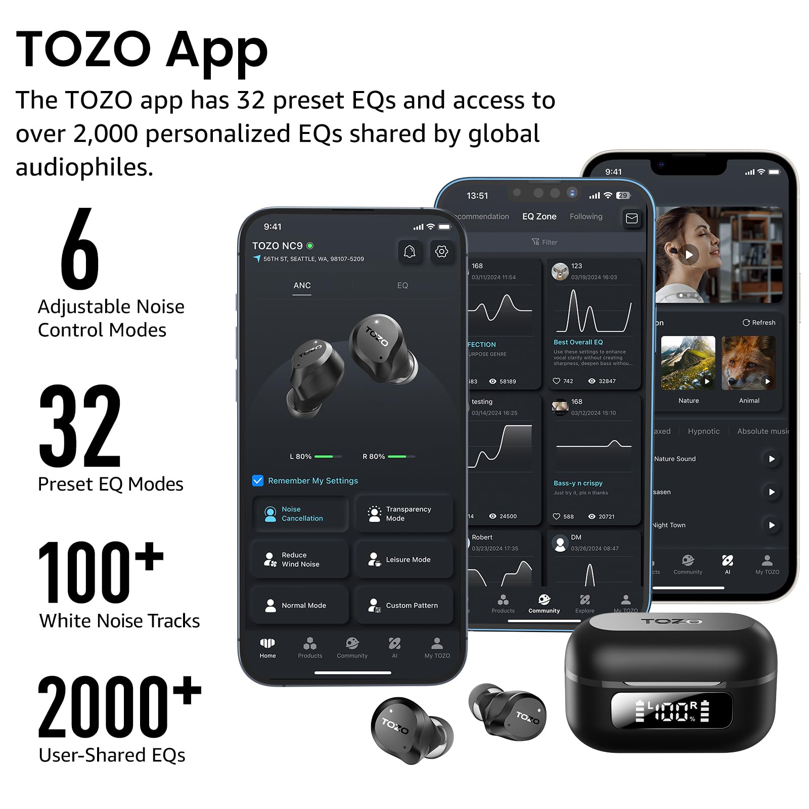 TOZO NC9 Hybrid Active Noise Cancelling Wireless Earbuds, 60H, LE - TOZO Official Product View 6
