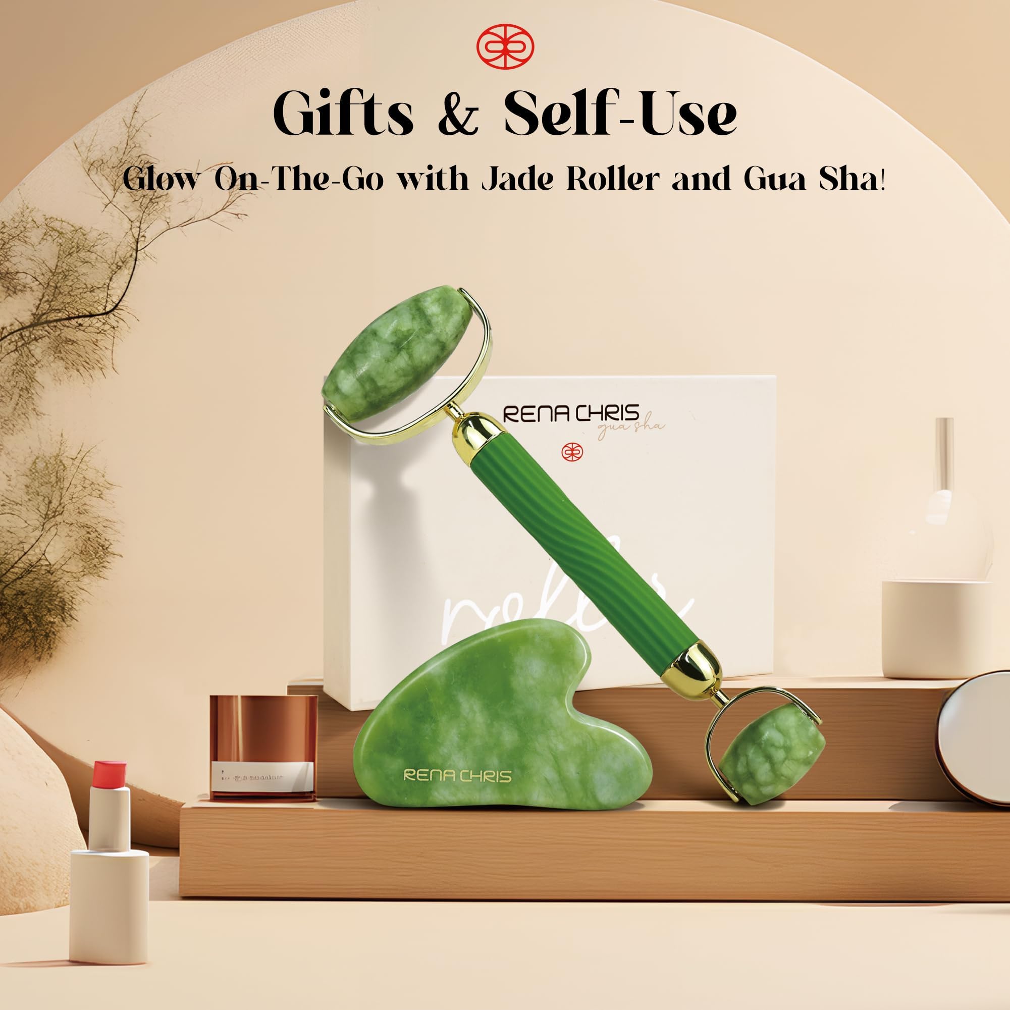 Rena Chris Gua Sha and Face Roller Set Anti Breakage Jade - Rena Chris Official Product Imagery - 7