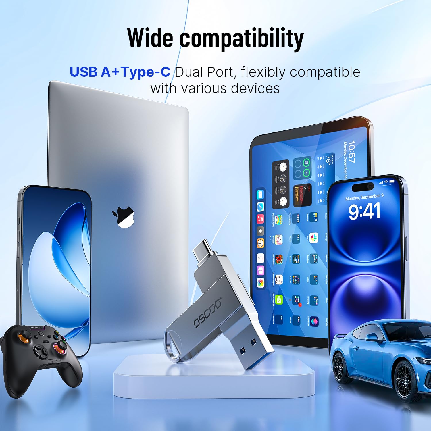 OSCOO 32GB Dual USB 3.2 Gen1 flash drive with silver casing and USB ports visible for quick data transfer and storage.