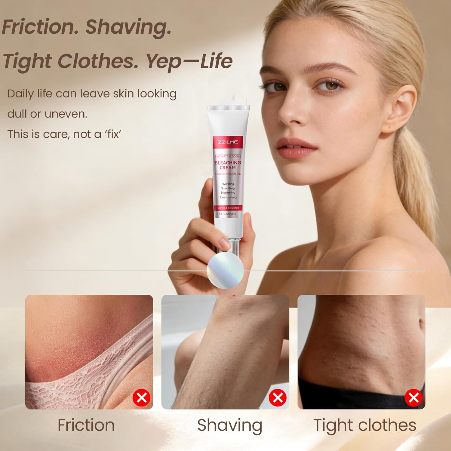 ZZILME Intimate Brightening Body Cream for women, hydrating underarms and bikini area, with a smooth, creamy texture and light color.