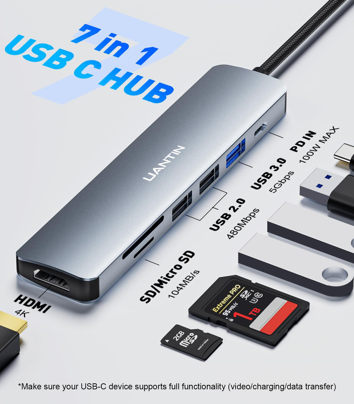 UANTIN USB C Hub 7-in-1 multiport adapter with HDMI, USB, SD card slots, and charging port for laptops and Mac Type C devices.