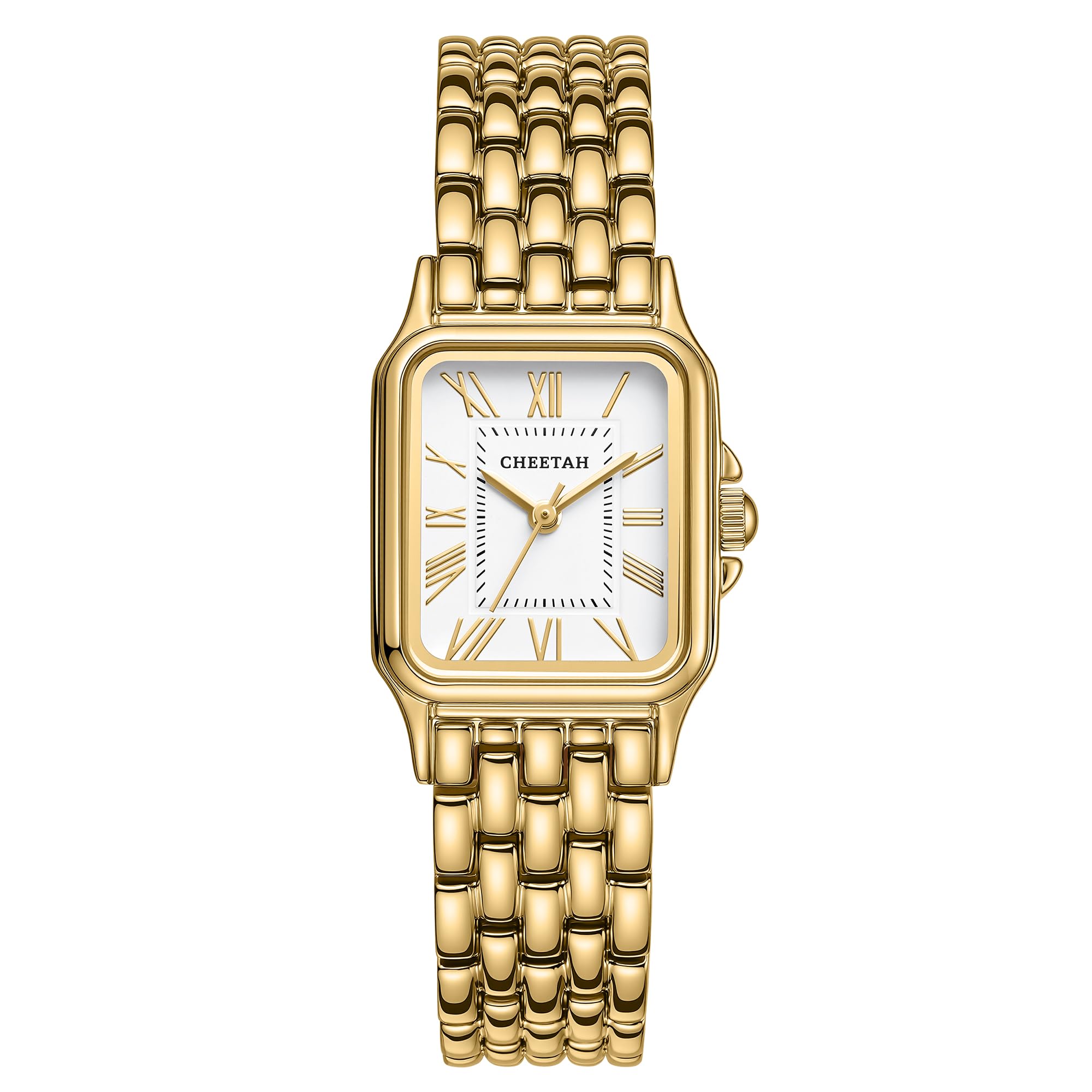 CHEETAH Gold Watches for Women with Vintage Rectangular Case,26mm Case Diameter,Gold Roman Numerals,Metal Steel Band,3ATM Waterproof