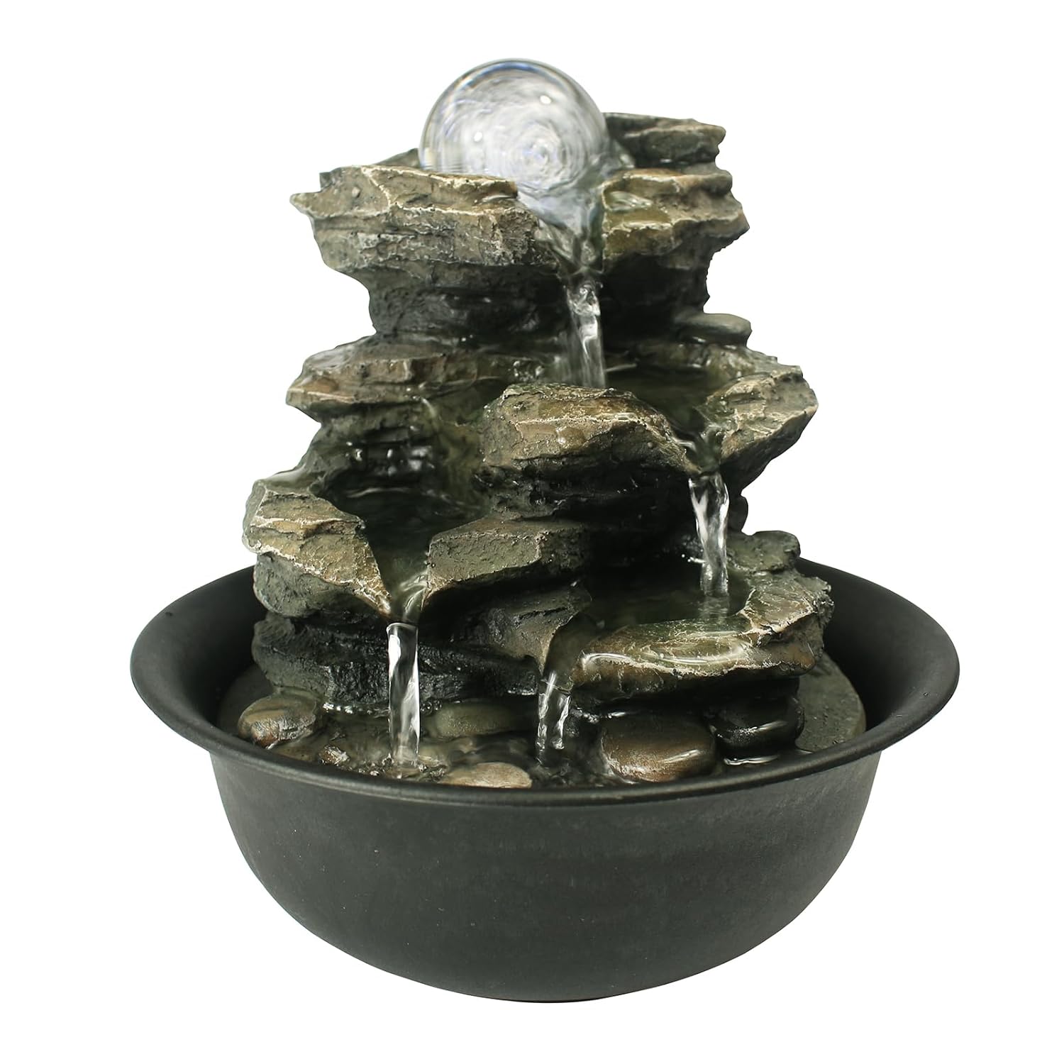 Spinning Orb Rock cascading tabletop fountain for indoor Zen meditation and home decor, featuring flowing water and a calming design.
