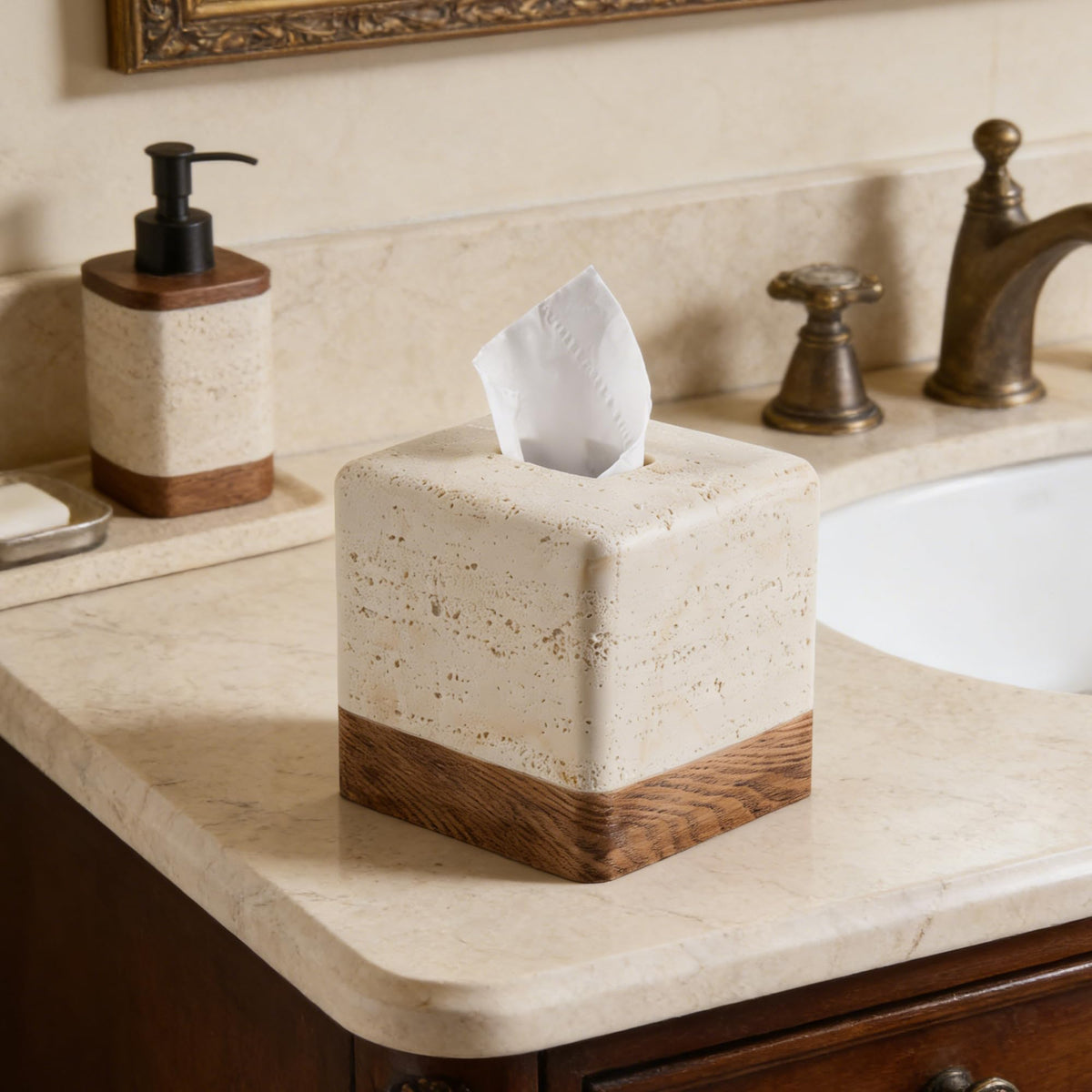 Natural Travertine Look Match Wooden Square Tissue Box Cover - Polytree Official Imagery - 3