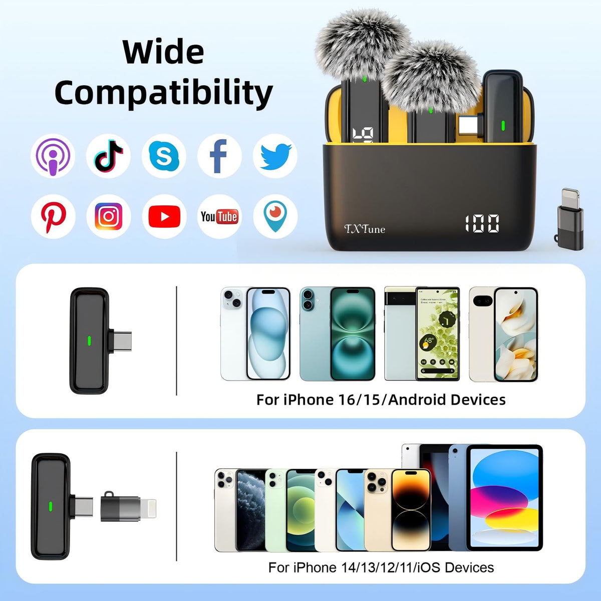Wireless Microphone for iPhone Android Phone USB C Mini Clip - TXTUNE Official Imagery - 7