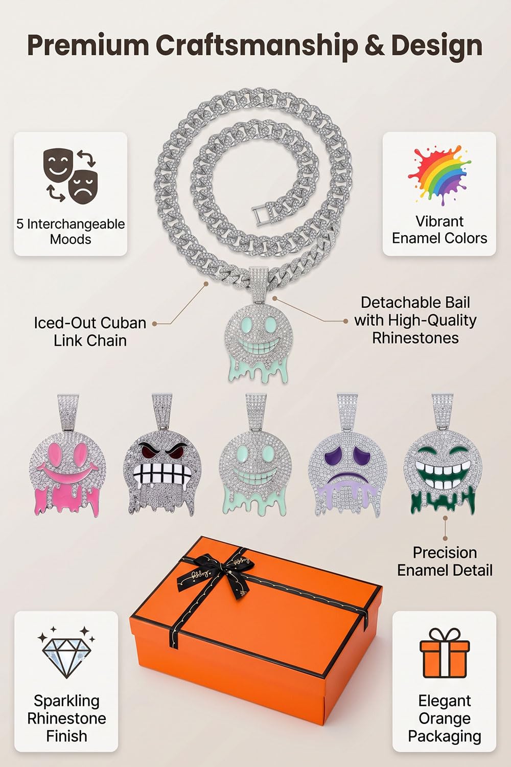 5 in 1 Interchangeable Mood Pendant Necklace Set Iced Out - RFCAW Official Imagery - 5