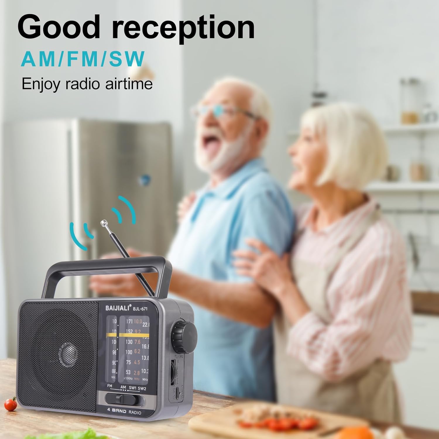 BAIJIALI portable AM/FM transistor radio with loud speaker, battery or USB powered, compact design for easy listening.
