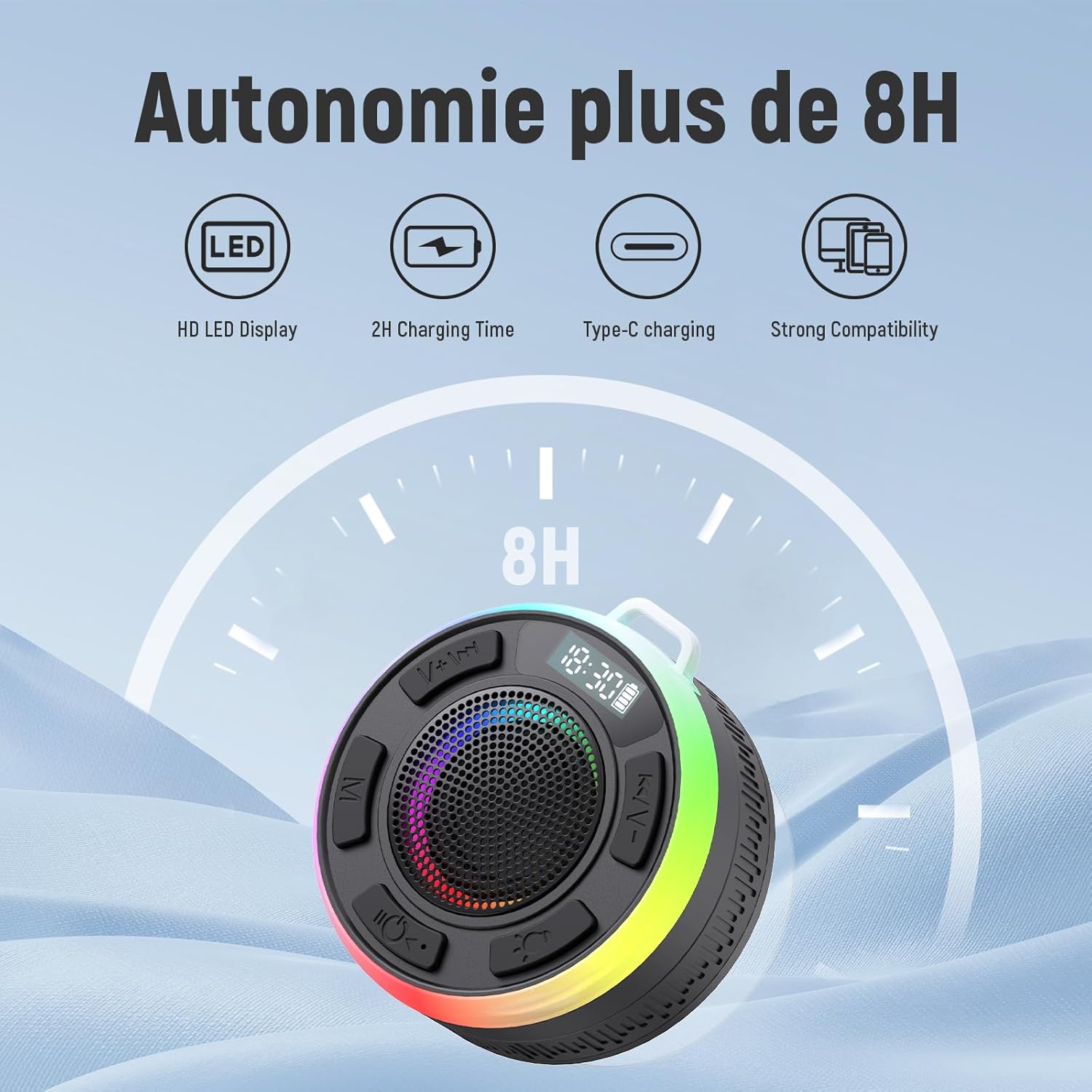 PRSCFUM IPX7 waterproof shower Bluetooth speaker showing a compact, portable design ideal for waterproof audio in the shower.