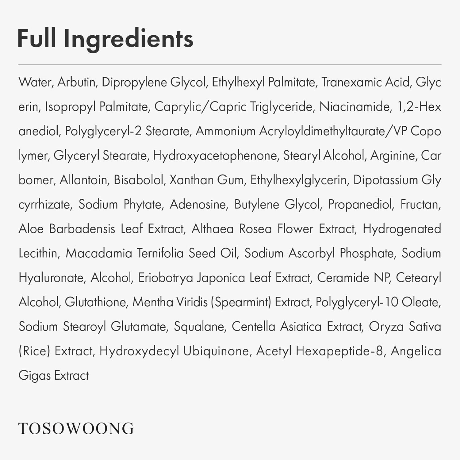 TOSOWOONG Arbutin 7% plus Tranexamic Acid 4% whitening cream jar with product label visible