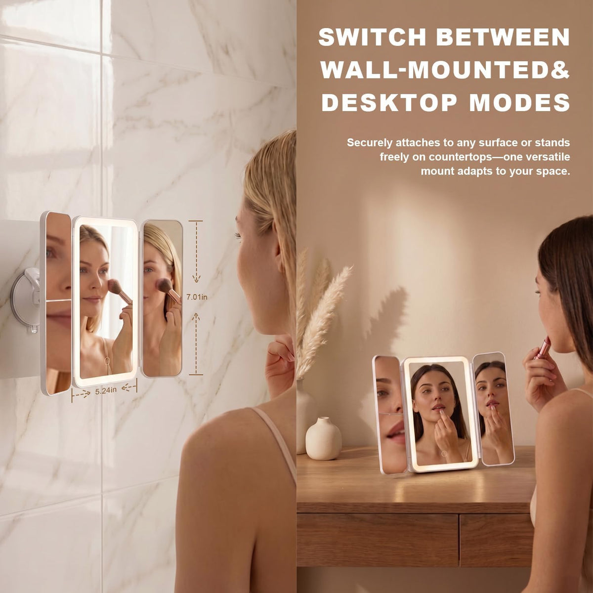 LED Shower Mirror with Lights for Bathroom Trifold Vanity - Hoxutym Official Imagery - 4