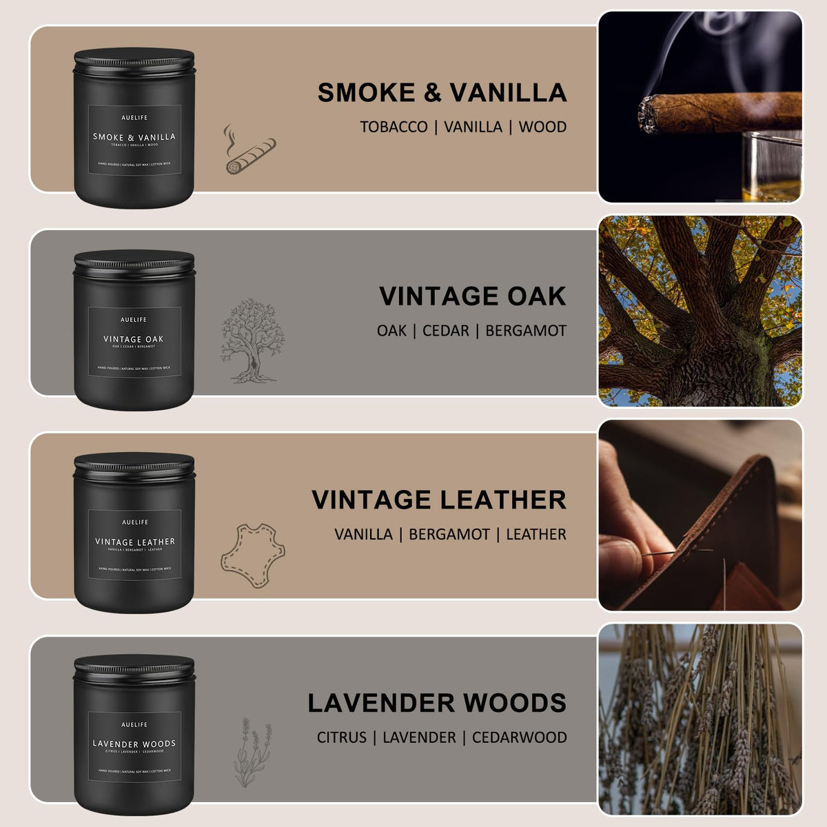 Candles for Men Gift Set 4 Pack Soy Wax Masculine - Auelife Official Imagery - 3
