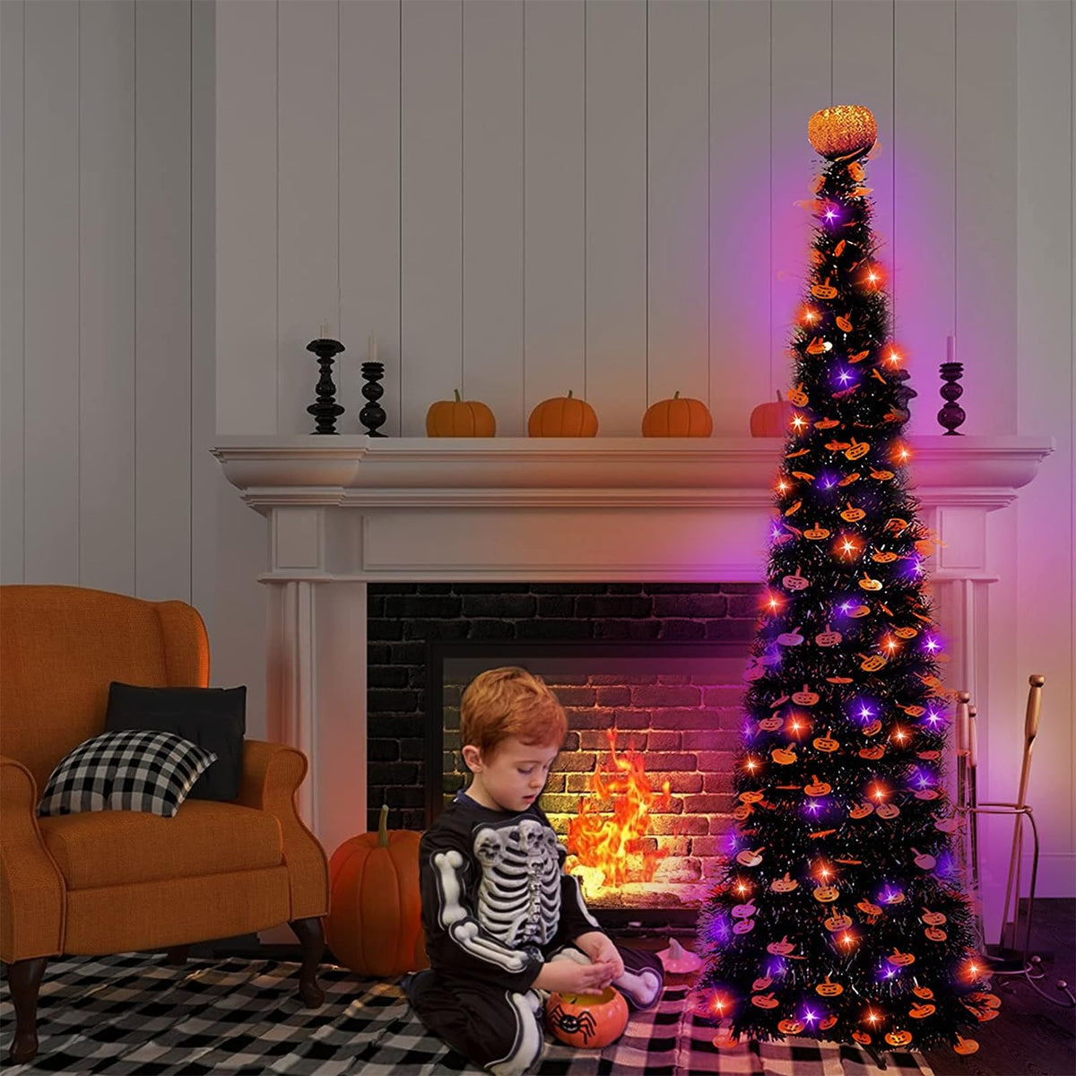 TURNMEON 5Ft Black Tinsel Halloween Tree with Lights - TURNMEON Official Imagery - 8