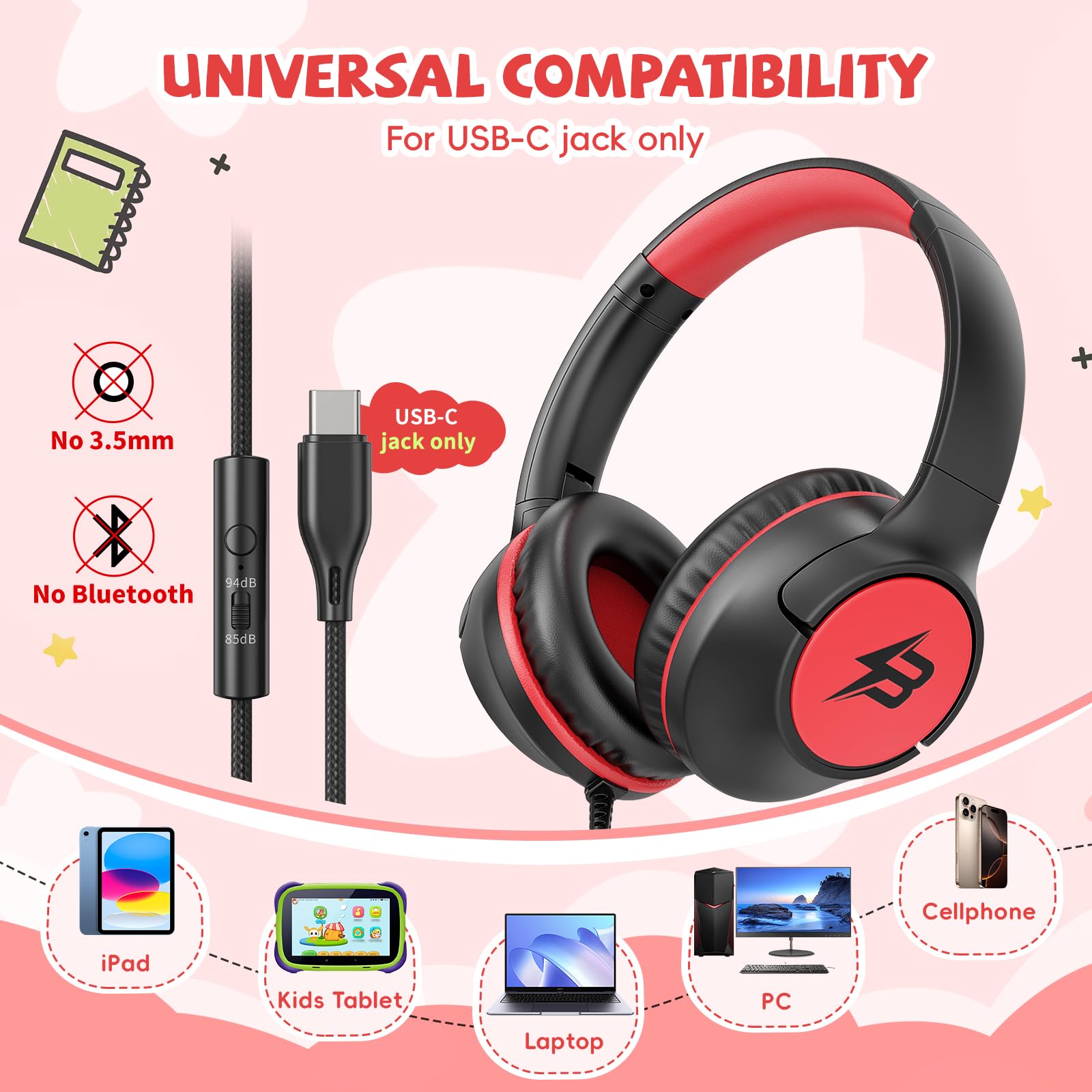 Black and red wired USB-C kids' headphones with microphone, volume limit of 85/94dB, designed for tablet computers.