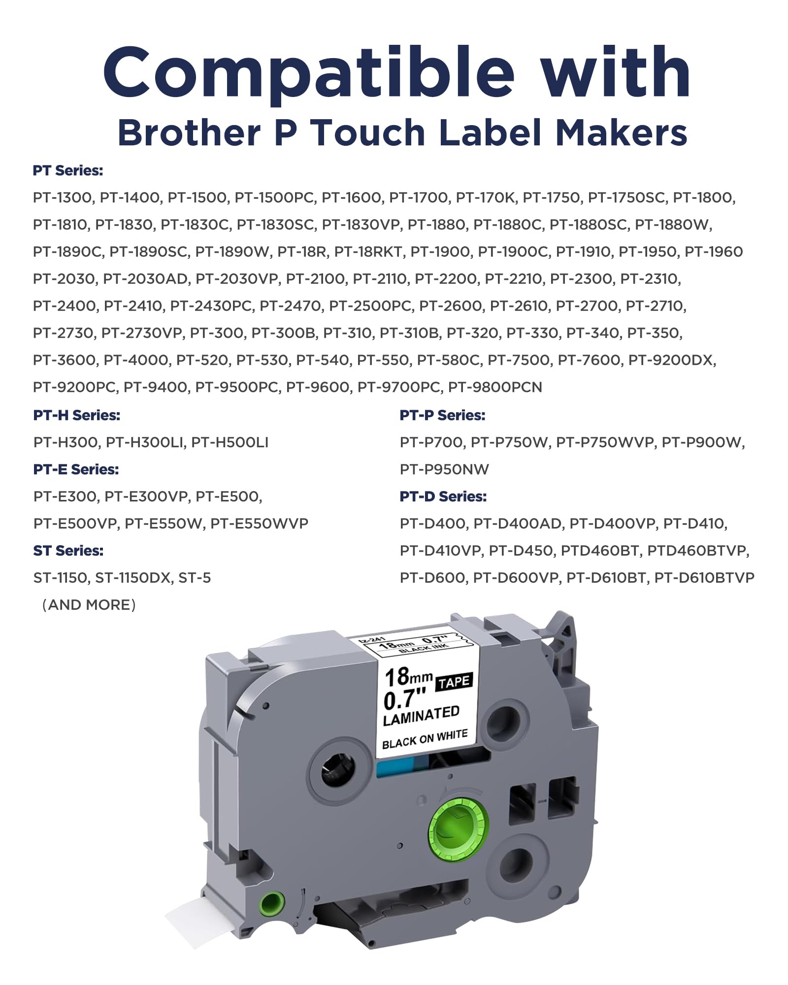 JOJOME TZe-241 label maker tape in white with black text, 18mm laminated tape for Brother P-Touch label makers, 4-pack.