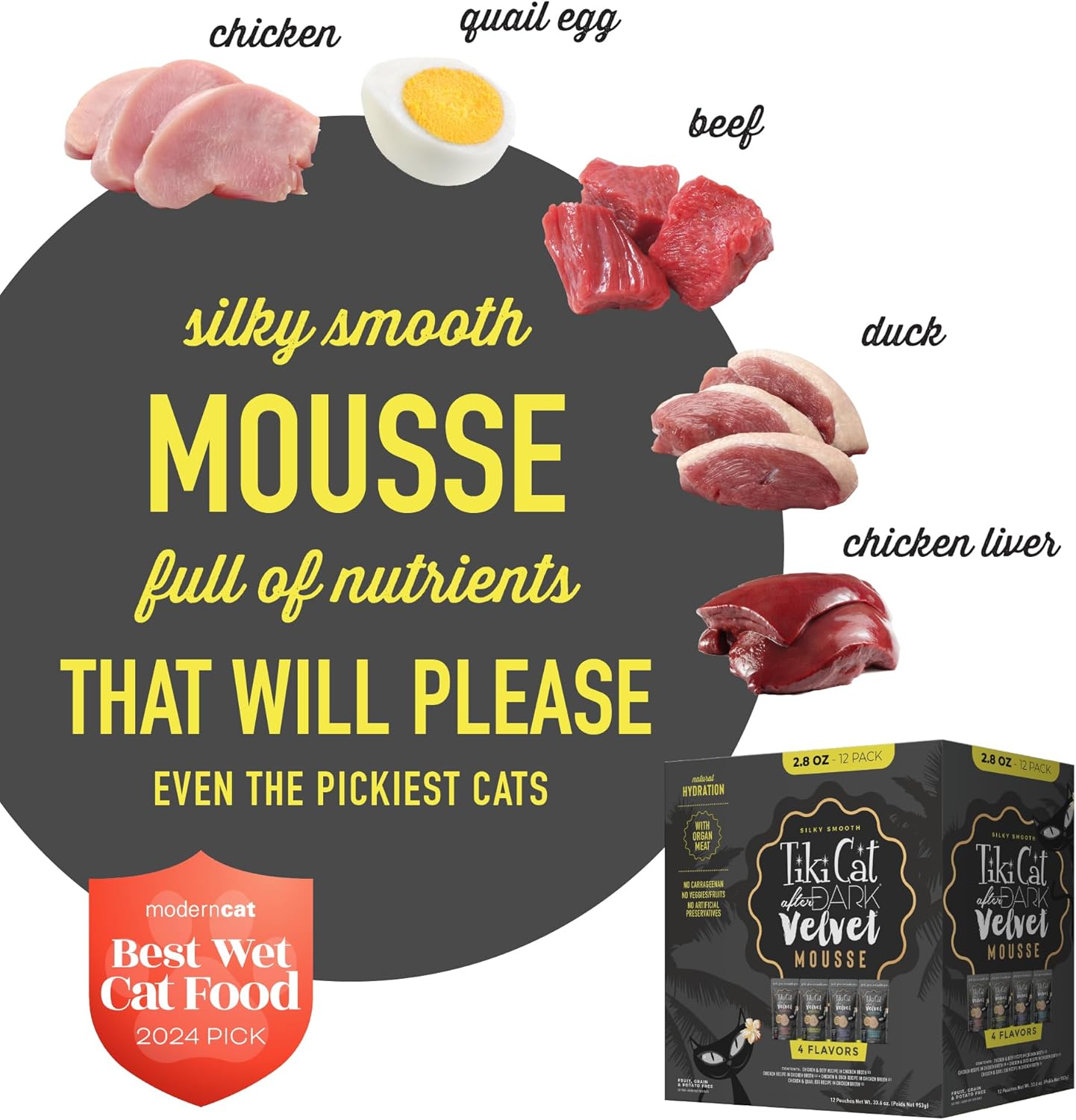 Tiki Cat After Dark Velvet Mousse variety pack with grain and potato-free formulas for cats, 12-pack.