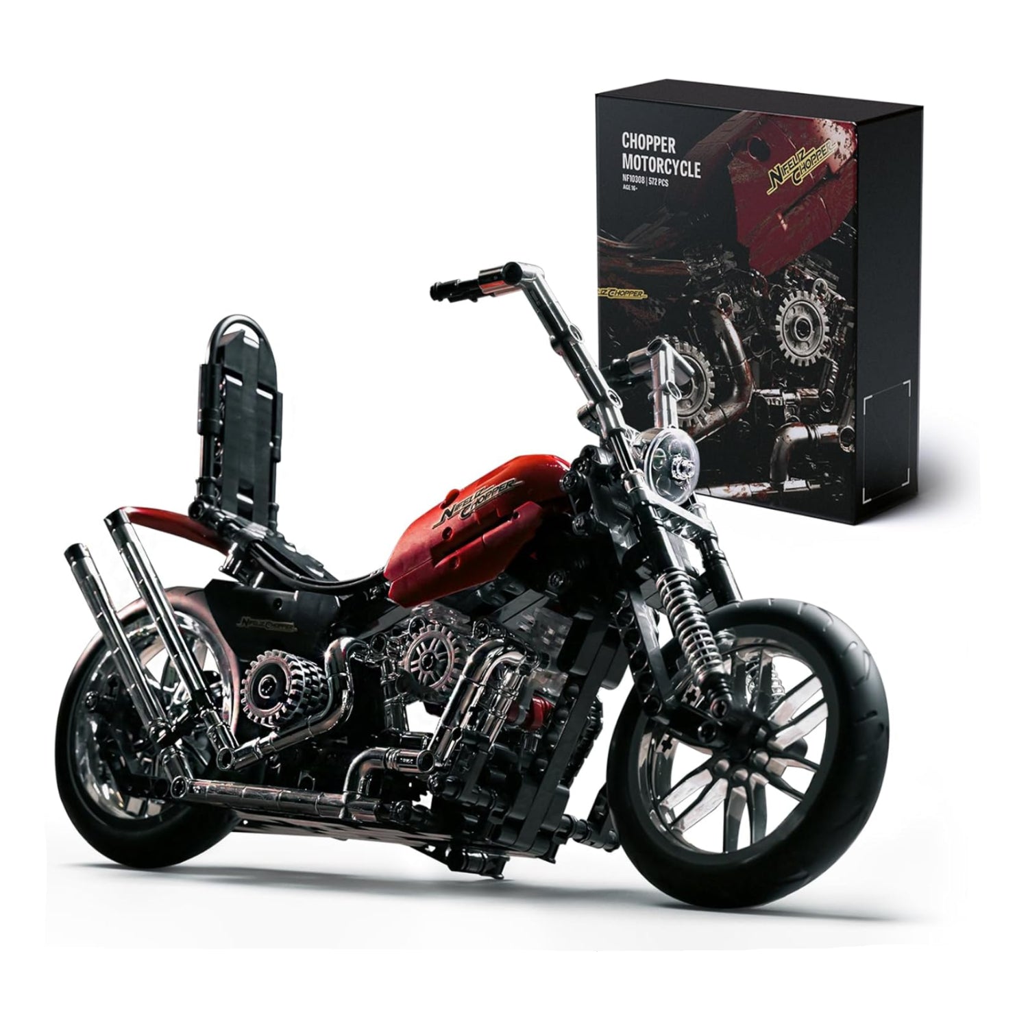 Nifeliz Chopper motorcycle building set for adults, vintage bike model with 572 pieces, ideal for display and motorcycle enthusiasts.