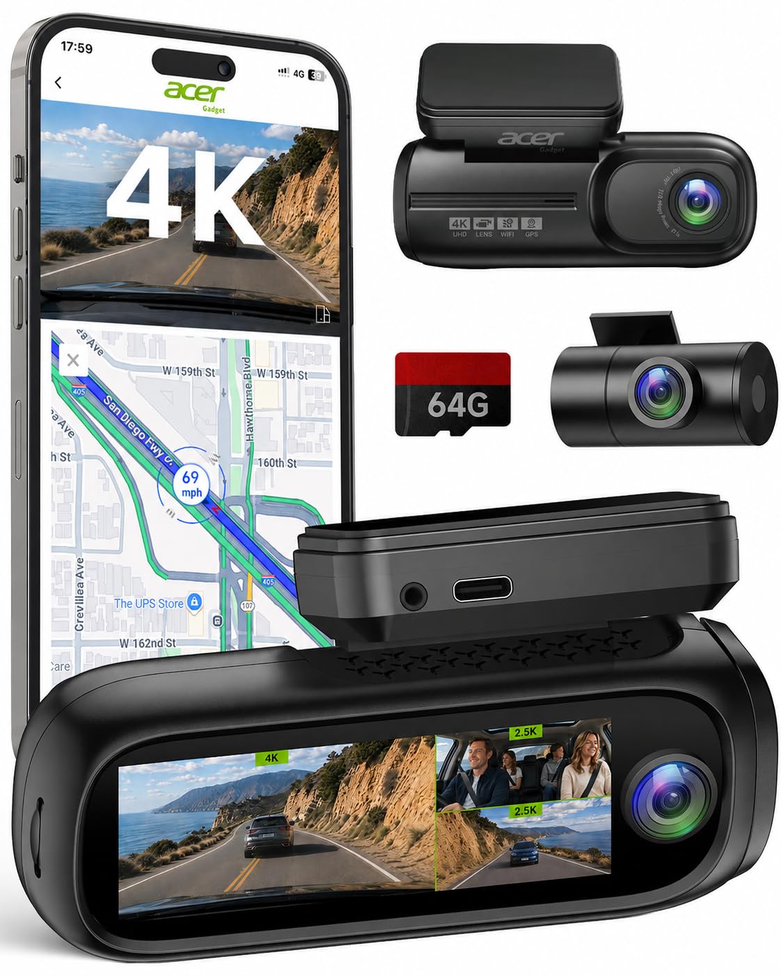 Acer Gadget 4K 3 Channel Dash Cam Front and Rear Inside 64GB - Product Imagery