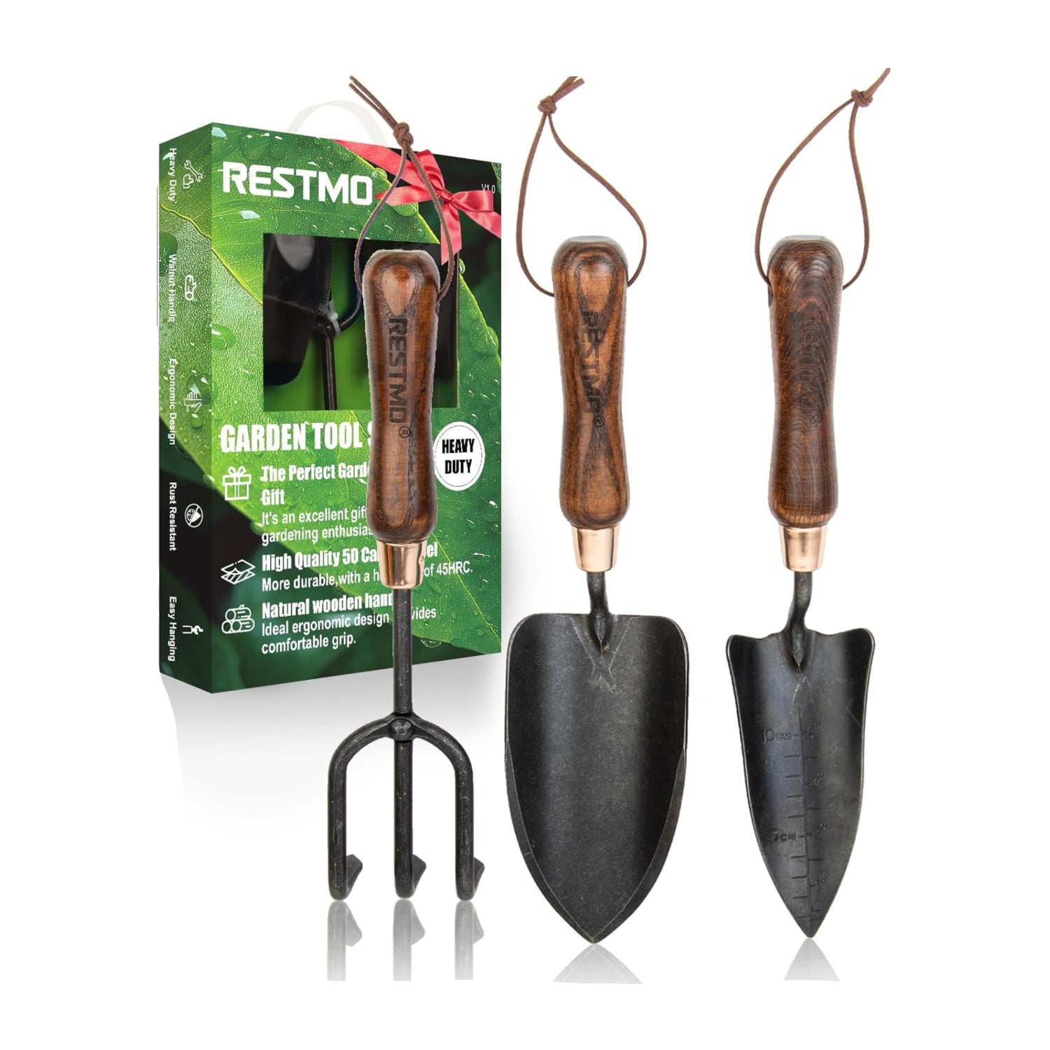 Restmo 3-in-1 heavy-duty gardening tools kit with premium carbon steel tools for planting, digging, and cultivating in the garden.
