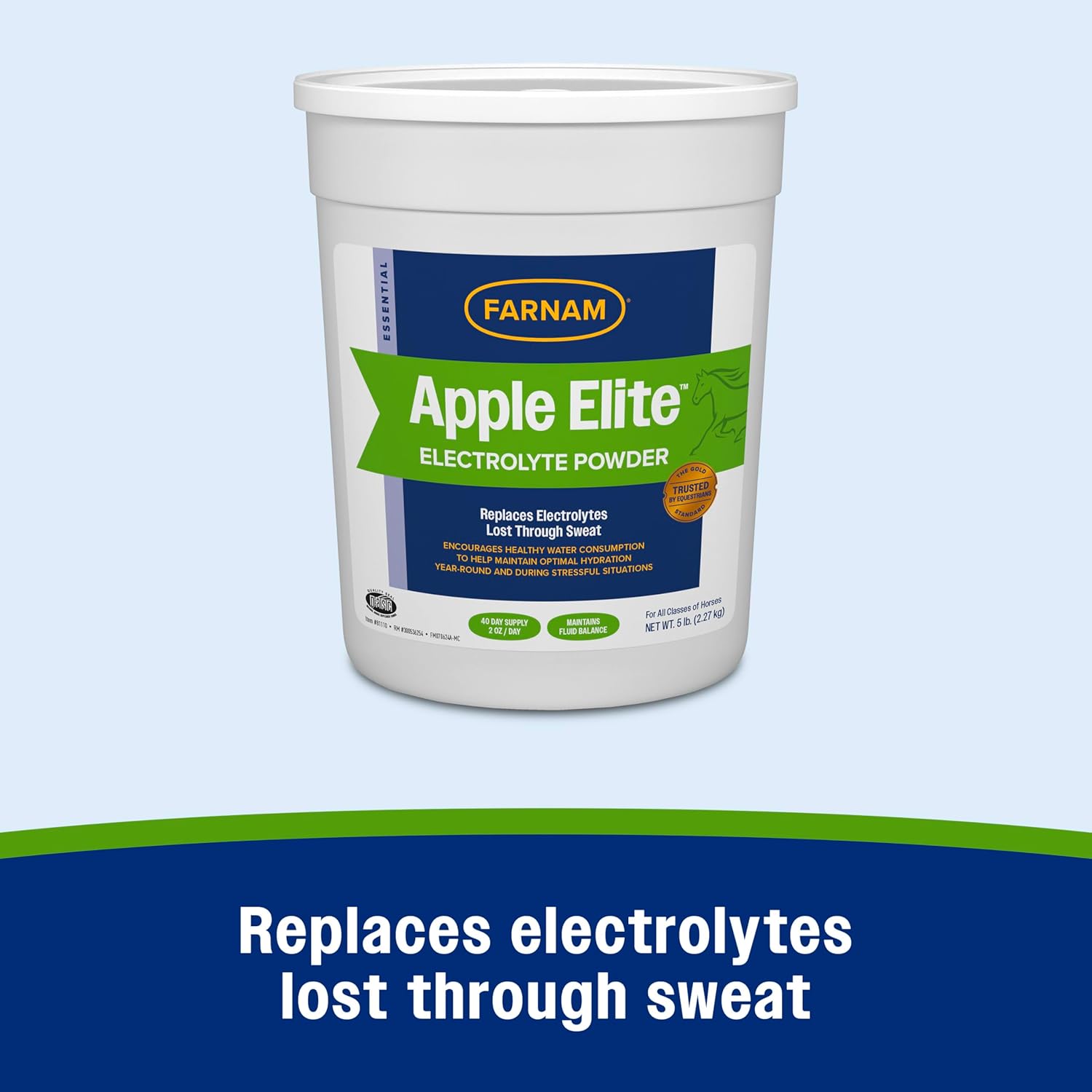 Farnam Apple Elite Horse Electrolytes powder supplement in 5 lb bag, contains vital minerals for horse hydration and recovery