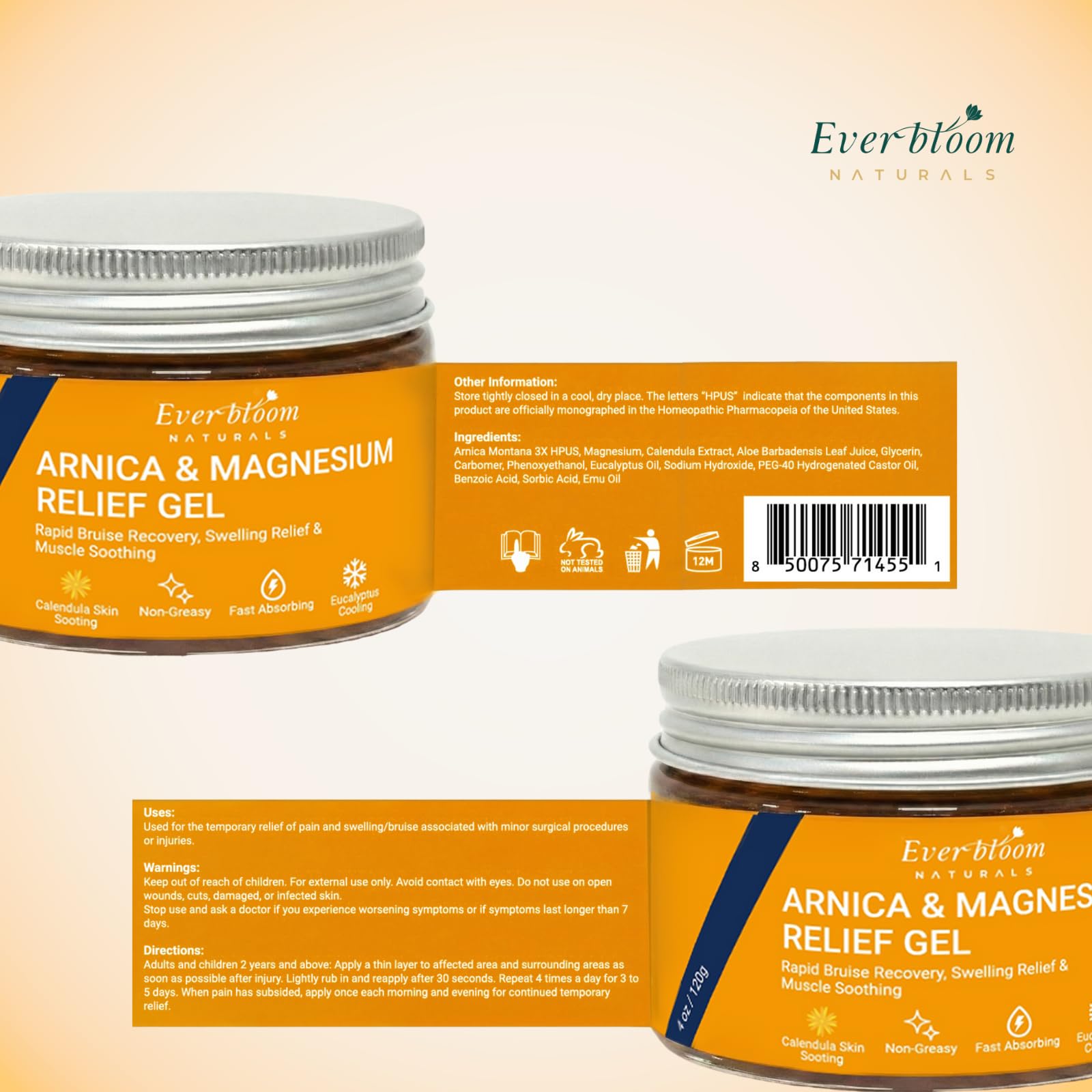 Everbloom Naturals Arnica & Magnesium Calming Gel 4oz, soothing skin care treatment in a clear tube with green cap.