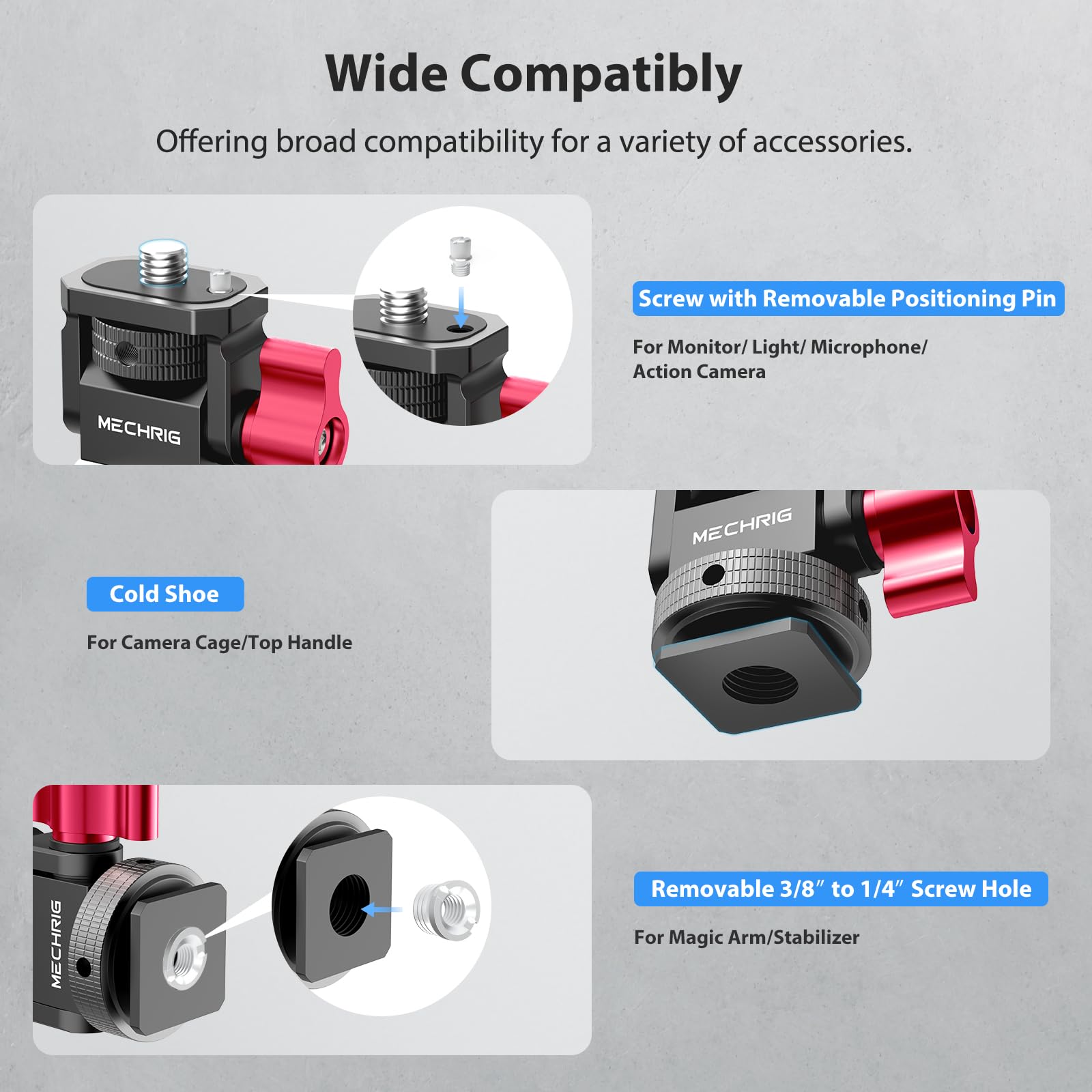 Mechrig mini camera monitor mount with cold shoe, aluminum bracket, 1/4" screw, 360° swivel, 180° tilt, and knob for LED lights.