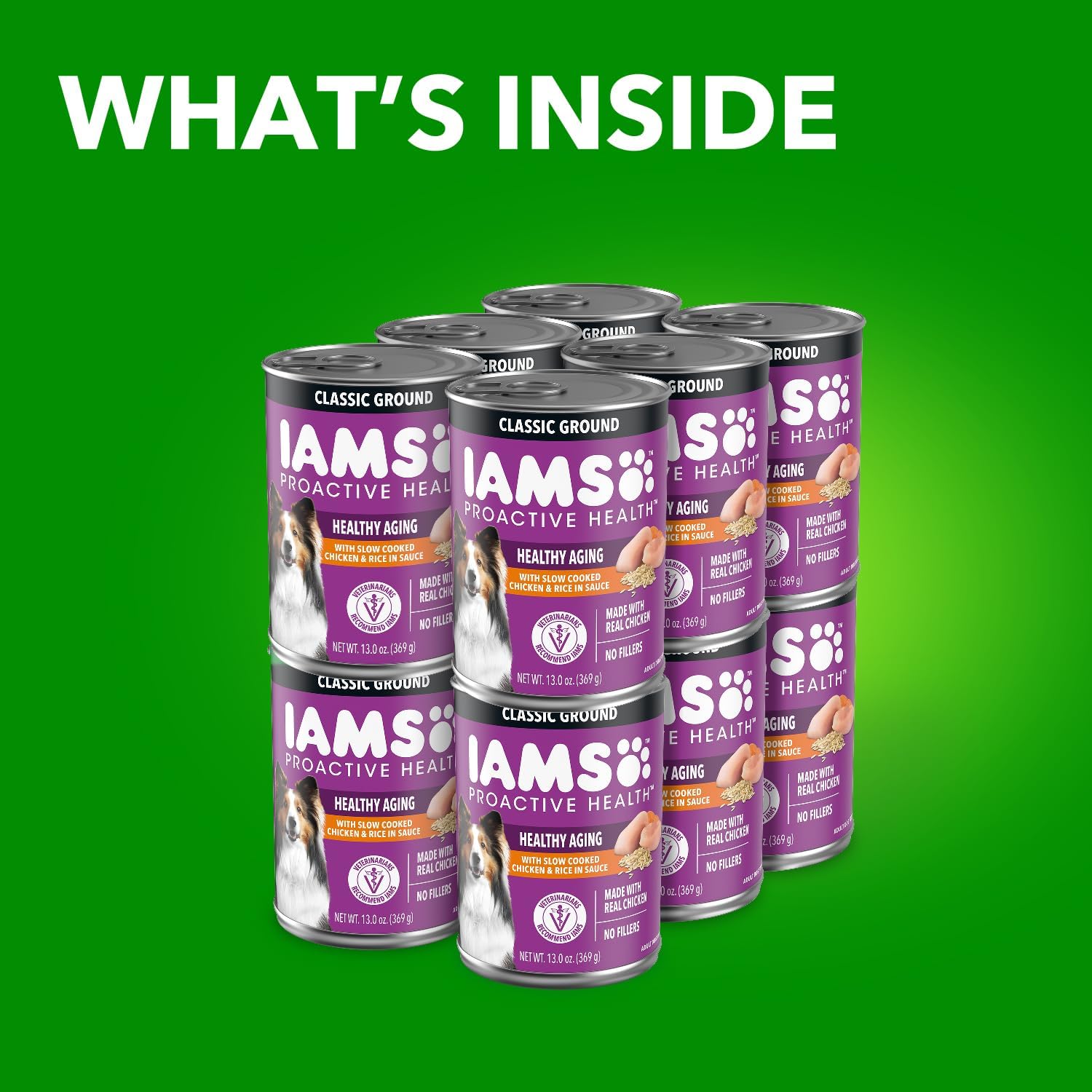 IAMS Proactive Health senior wet dog food in classic ground form, showing a bowl of moist, nutritious dog food for older dogs.