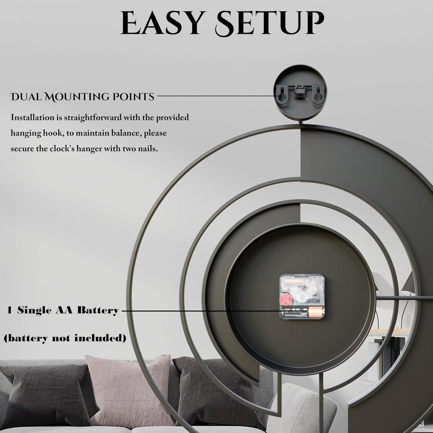 Modern walnut marble dial wall clock by VIVIFLYSE with large wood metal frame and silent movement, mounted on a wall.