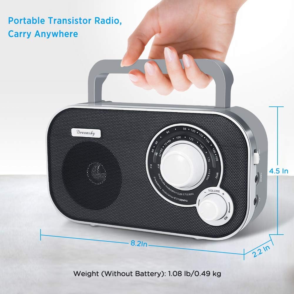 DreamSky portable AM FM radio with plug-in wall or battery operation, suitable for home and outdoor use