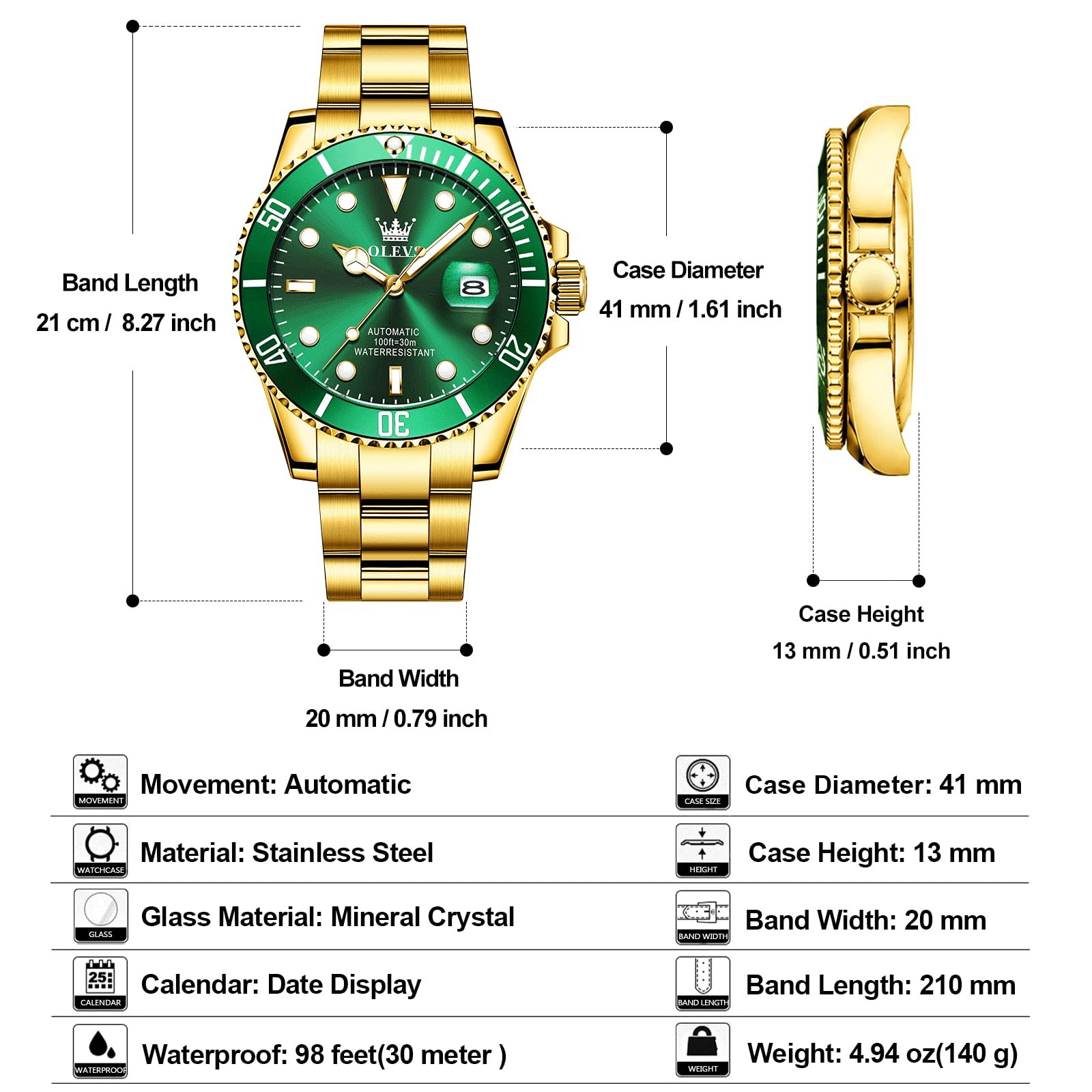 OLEVS Men's Luxury Gold Automatic Watch Green Dial Luminous