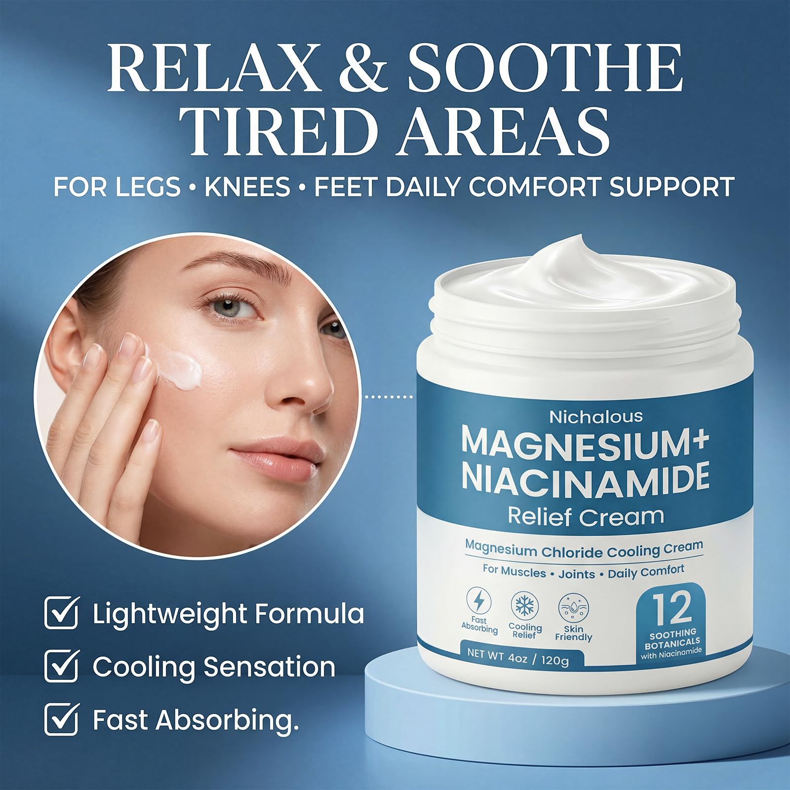 Nichalous Magnesium and Niacinamide Relief Cream in a 4 oz jar, showing the mineral supplement product with a clean, white container.