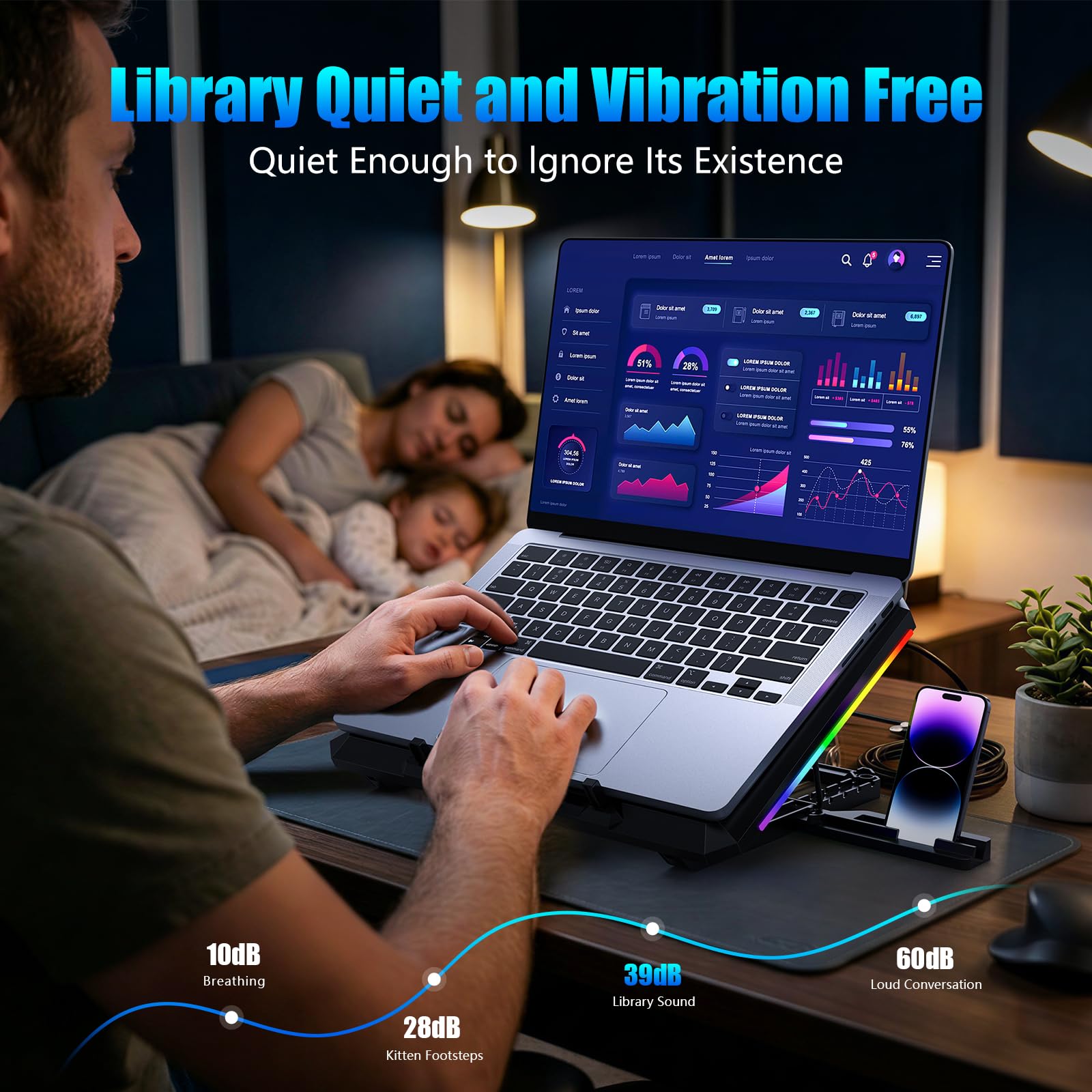 Trullypine Laptop Cooling Pad with 12 Quiet Fans, Slim Portable for 12-17.3 Inch Laptop Cooler Stand, RGB Lighting, with 5 Height Adjustable, Gaming Cooling Fan Pad,Two USB Ports, Phone Holder (LCD)