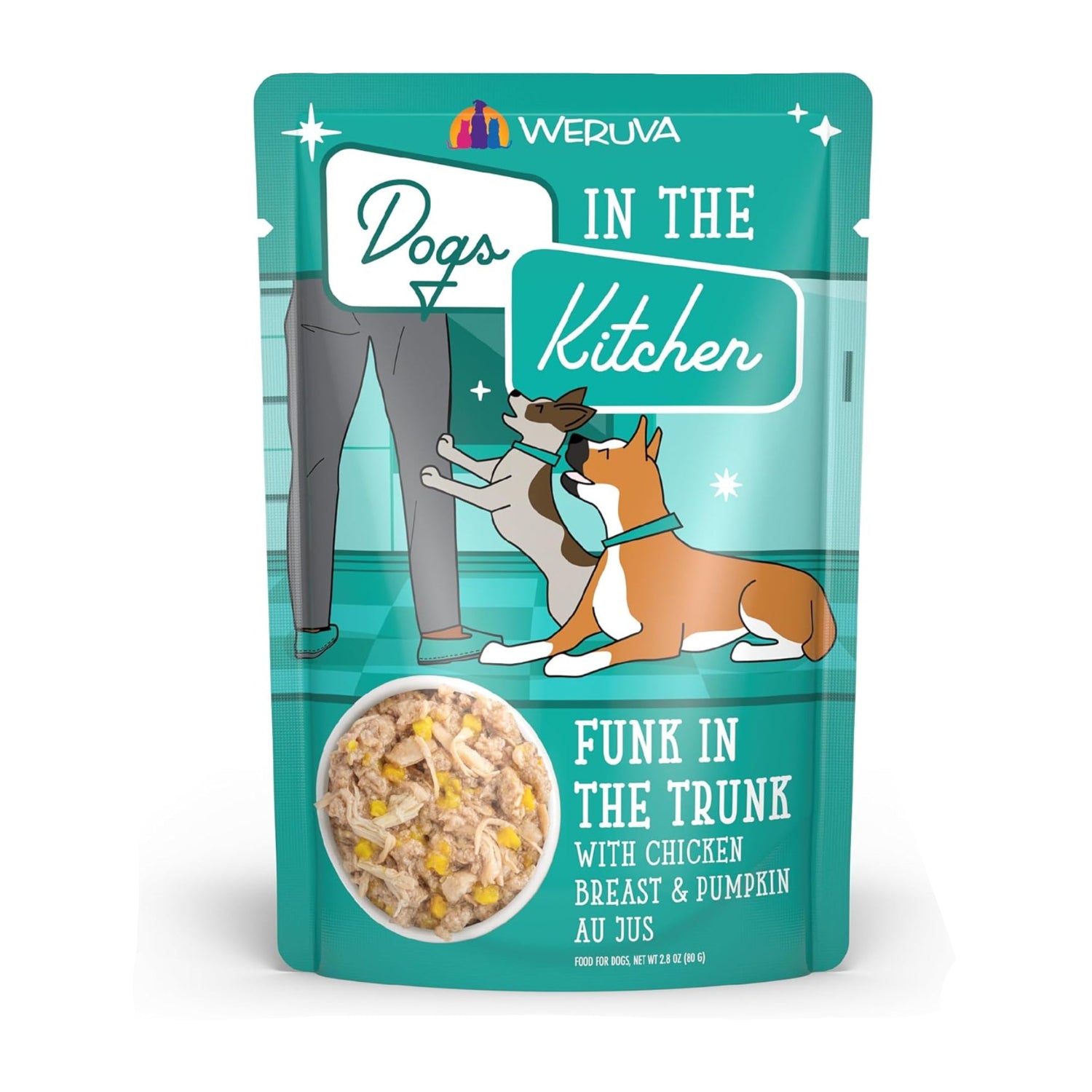 Weruva Dogs in The Kitchen Funk in The Trunk dog food can with chicken breast and pumpkin, featuring colorful label and product branding