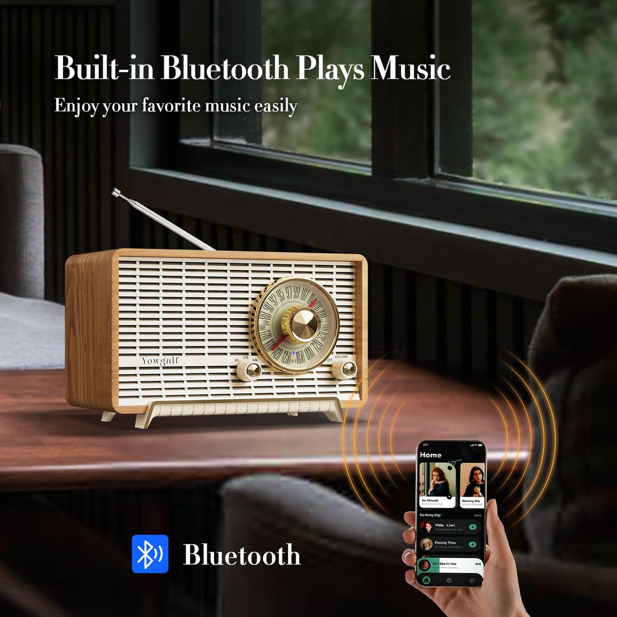 AM FM Radio Classic Retro Wood Table Bluetooth Speaker Plug - YOWGULF Official Imagery - 3