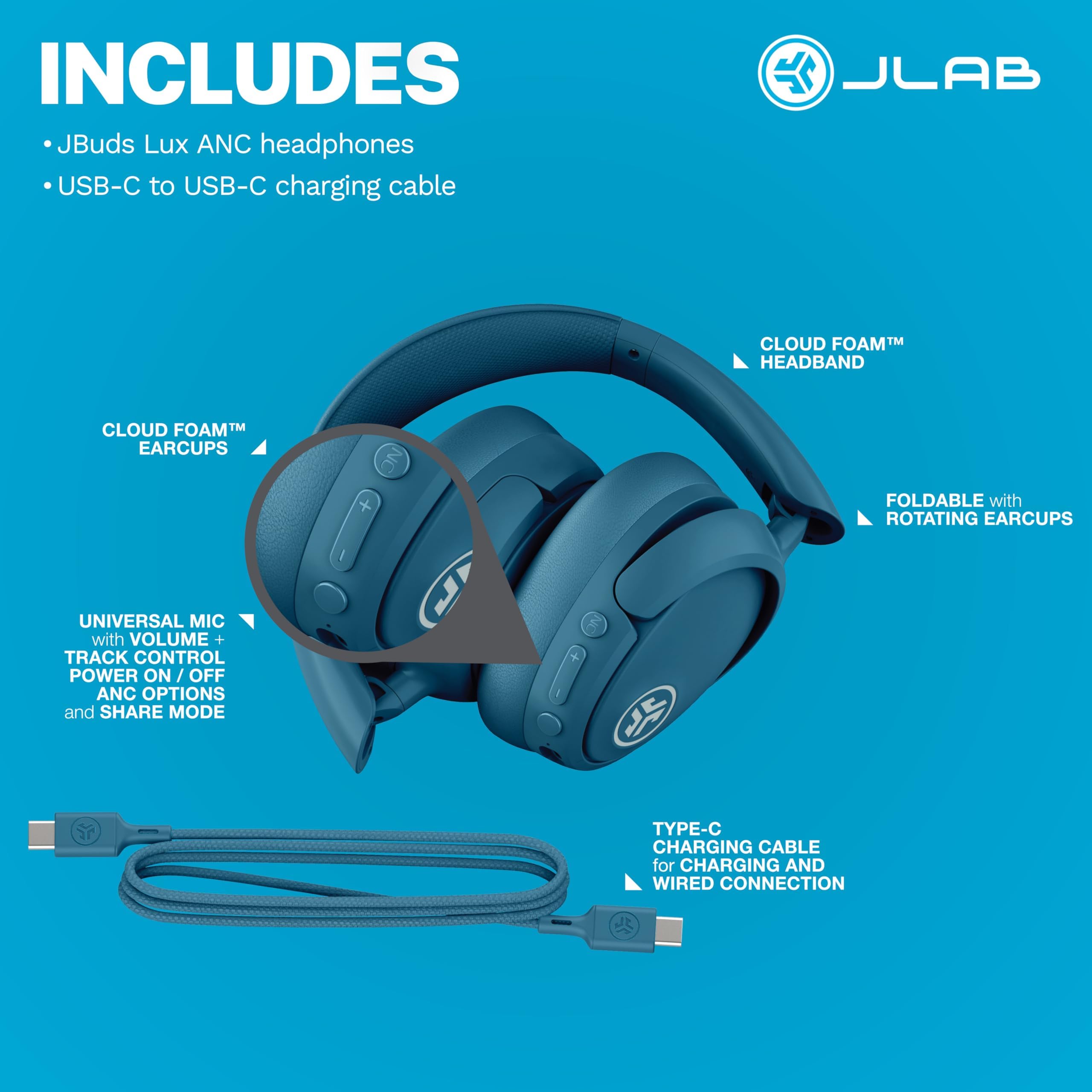JLab JBuds Lux ANC over-ear headphones in navy with active noise cancelling and Bluetooth connectivity.