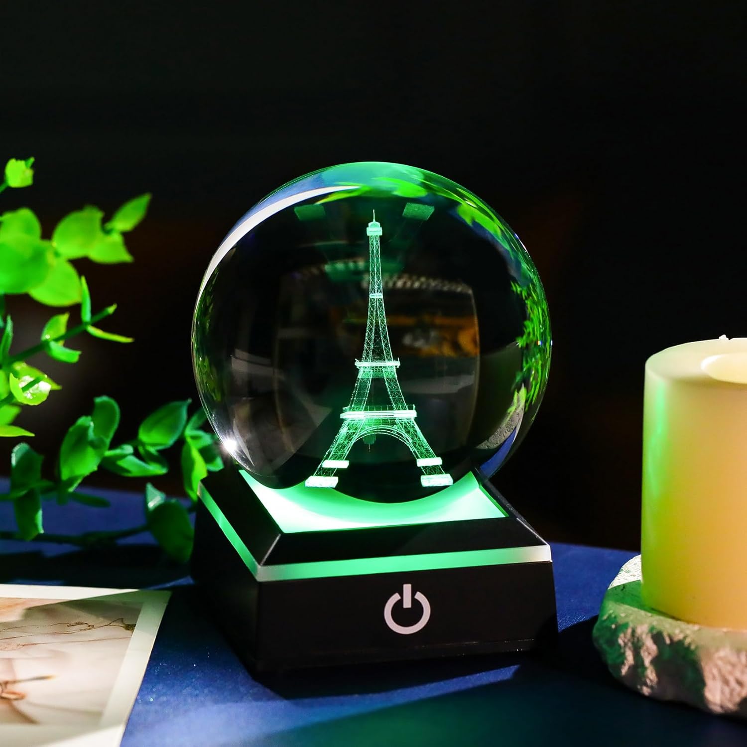 Enjinkail 3D crystal ball snow globe featuring the Paris Eiffel Tower, decorative gift with detailed design and clear glass globe.