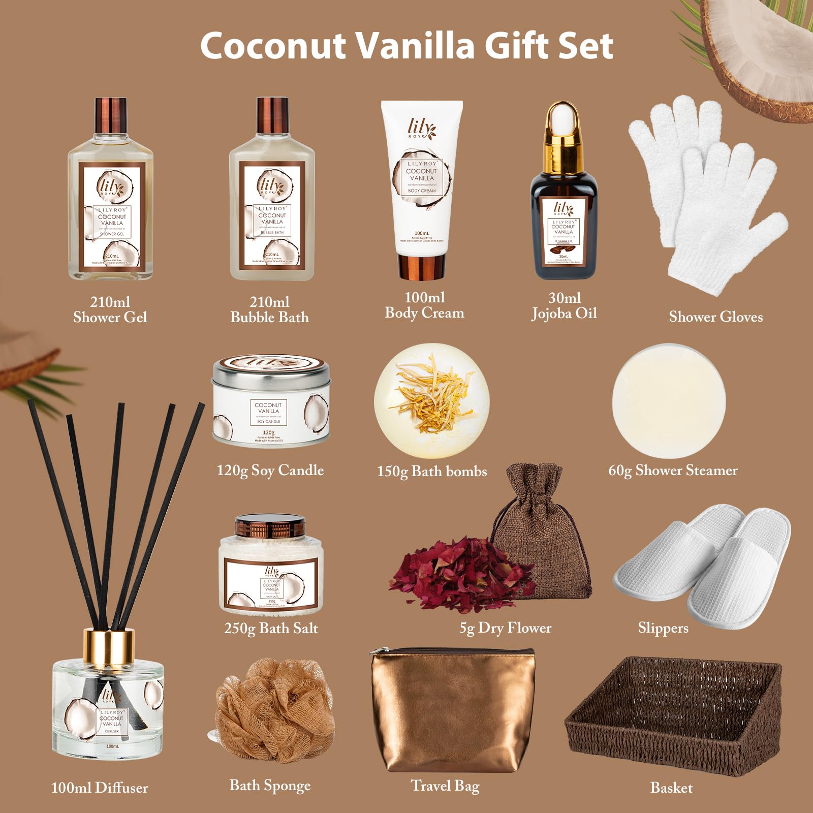 Coconut Vanilla Spa Gift Set Complete Spa Gift Baskets for - LILY ROY Official Product Imagery - 4