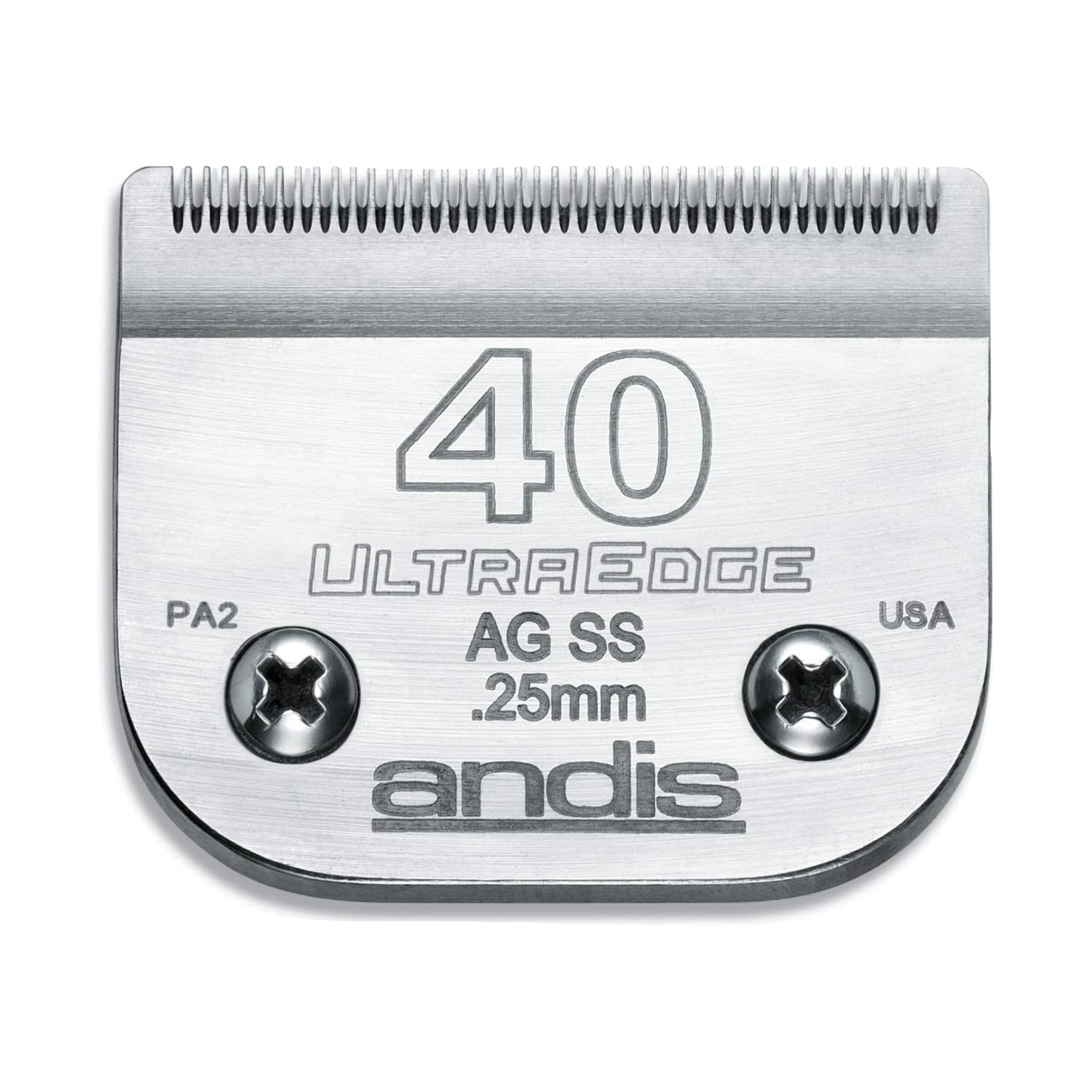 Andis UltraEdge Detachable Blade Size 40 for dog clippers, carbon steel blade with 1/100 inch cut length, shown in image.