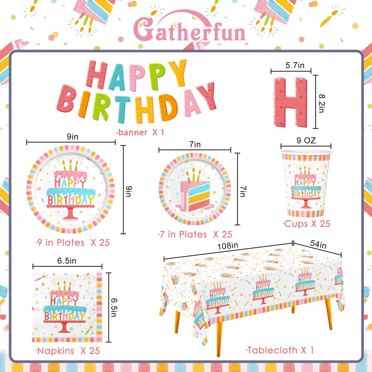 Happy Birthday Party Supplies Set for 25 Kit with Cake - Gatherfun Official Imagery - 3
