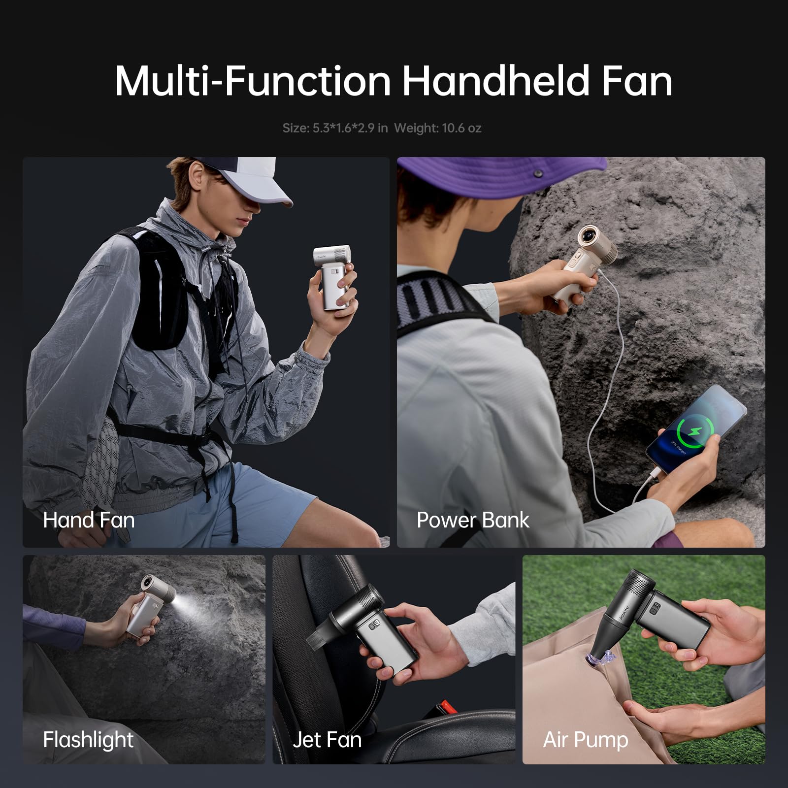JISULIFE Portable Handheld Fan Ultra2 9000mAh Max 25 Hrs, 3 IN 1, by JISULIFE - Angle View 2