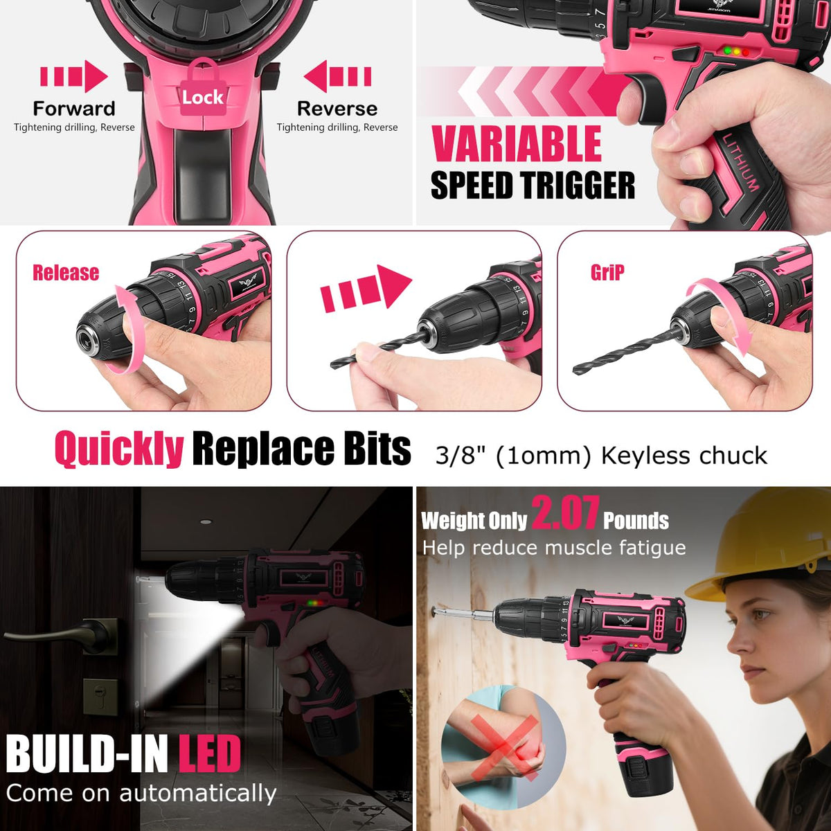 12V Cordless Drill Tool Set Home Tool Set with Pink Drill - JENABOM Official Imagery - 6