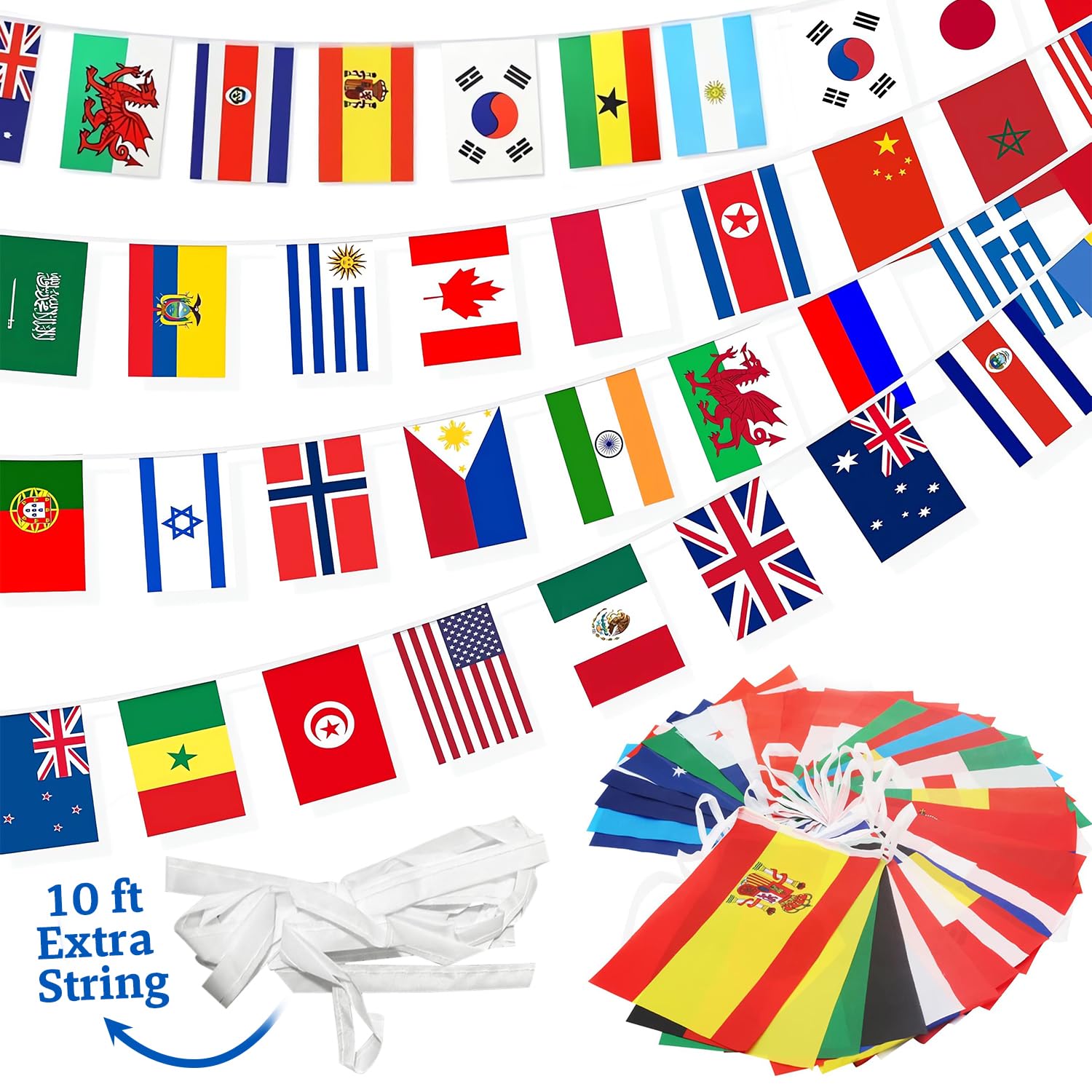 Two packs of CrysGuard 100 Countries string flag banners with international world flags, 82 feet long for global celebrations.