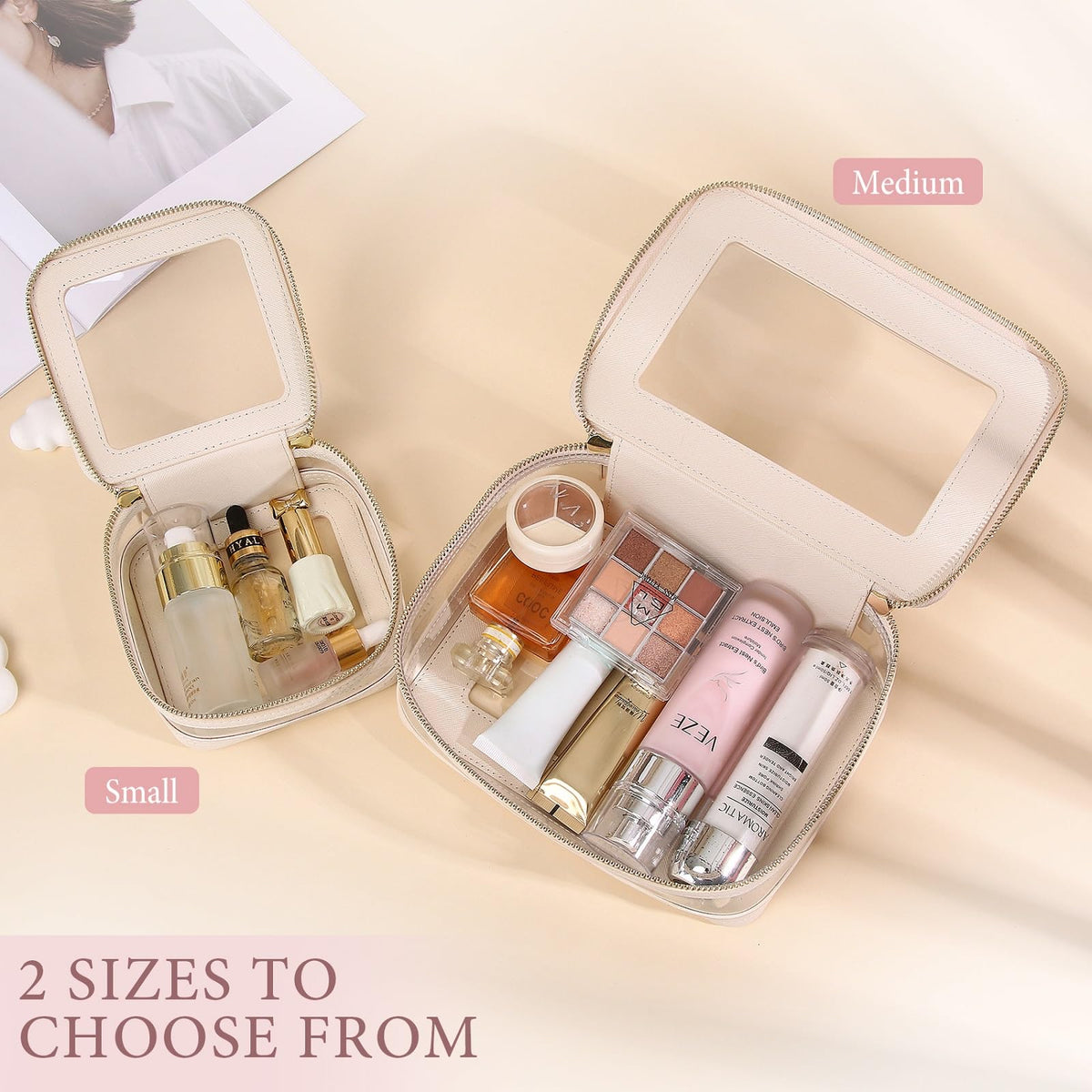 Pinkmik Clear Makeup Bag with Zipper Beige M MINI 1 - Pinkmik Official Imagery - 3